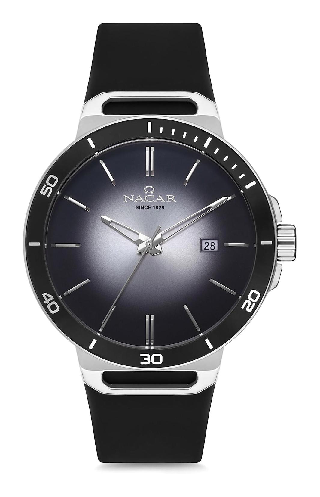 Nacar 34290403AGS1 Takvimli 44 mm Siyah Çelik Kordon Analog Kol Saati