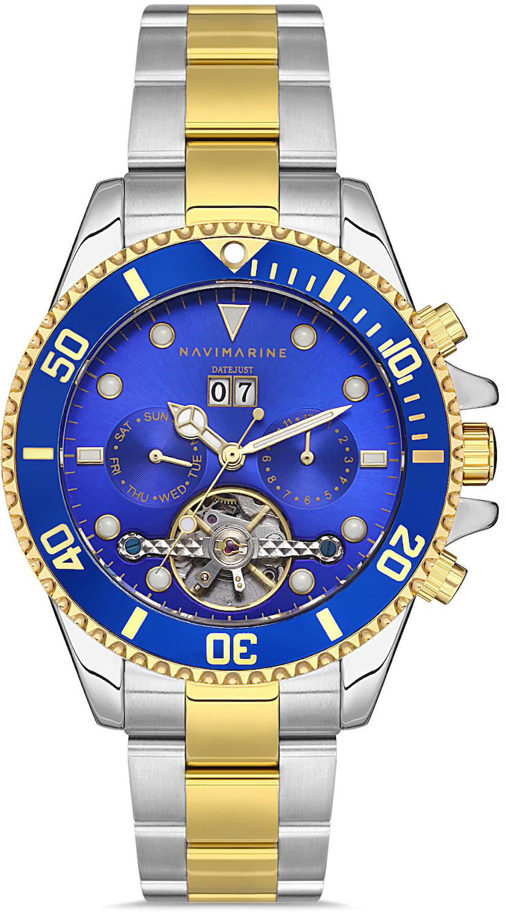 Navimarine NVM2244-02 Takvimli 44 mm Altın-Çelik Kordon Analog Kol Saati