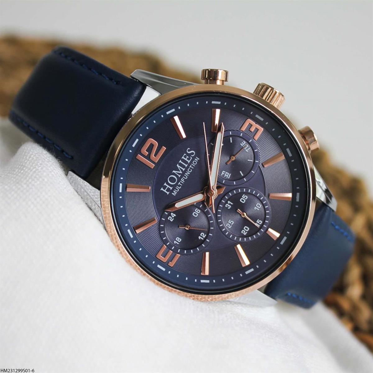 Homies HM23129S01-6 Pusulalı Takvimli 44 mm Lacivert Deri Kordon Analog Erkek Kol Saati