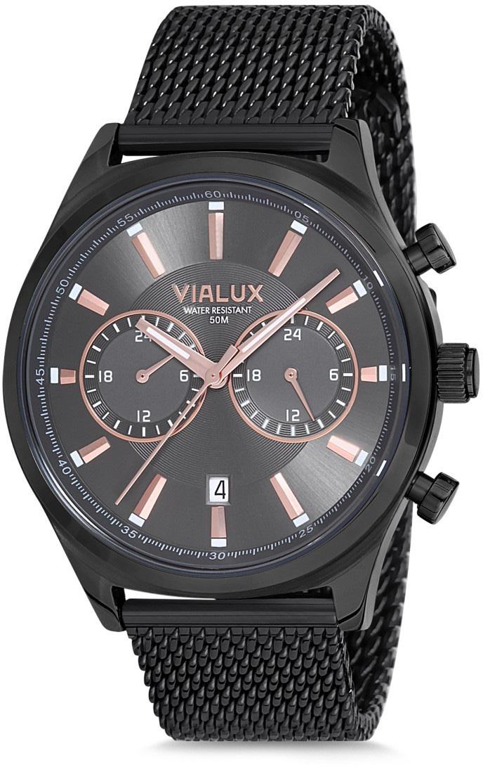 Vialux VX516N-05SR Takvimli 44 mm Siyah Çelik Kordon Analog Kol Saati