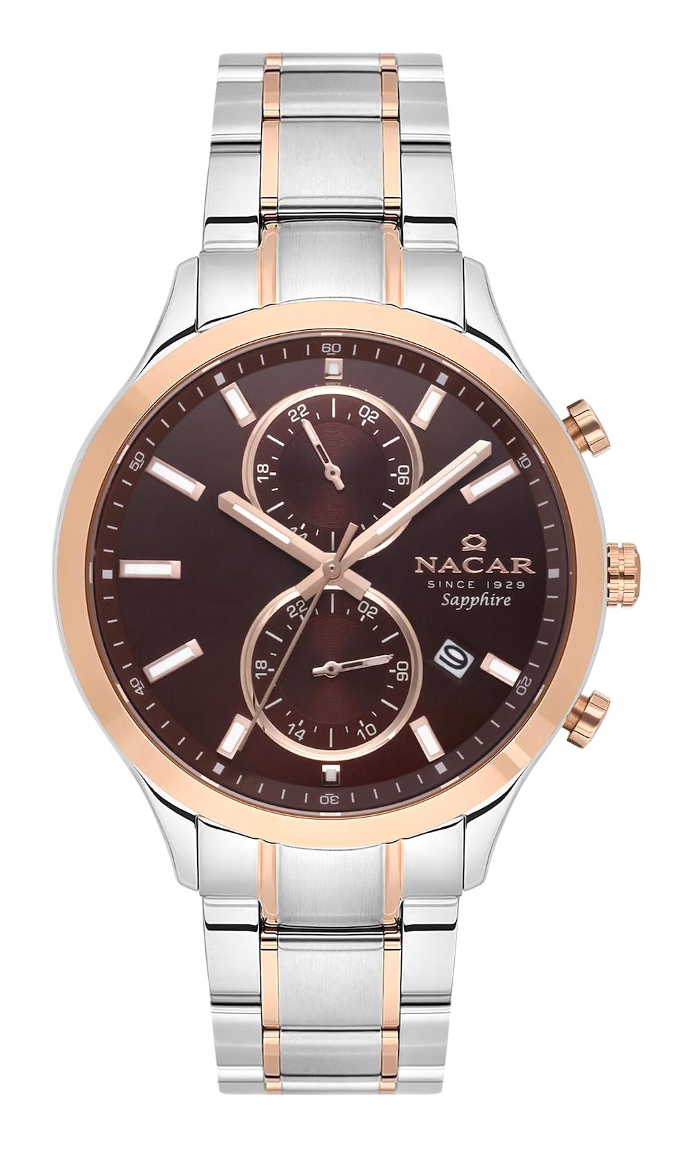 Nacar 33298316GEKM Takvimli 44 mm Altın-Çelik Kordon Analog Kol Saati