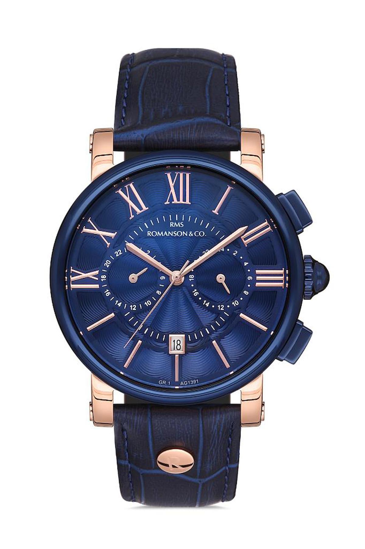 Romanson RMS.1.AG1391.03 Takvimli 44 mm Lacivert Deri Kordon Analog Erkek Kol Saati