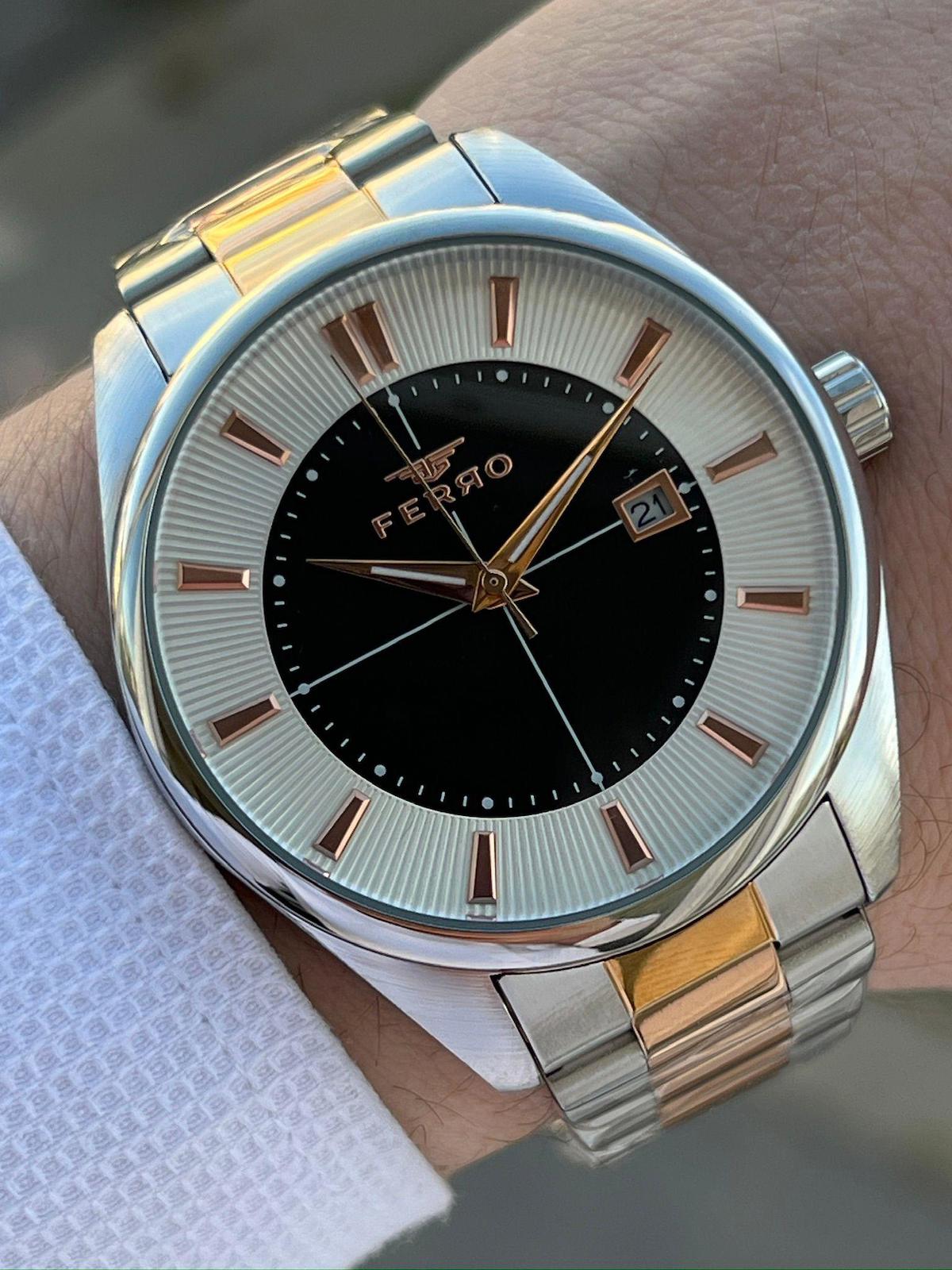 Ferro EFM11239-E2 Su Geçirmez Takvimli 44 mm Gri-Rose Gold Çelik Kordon Analog Erkek Kol Saati