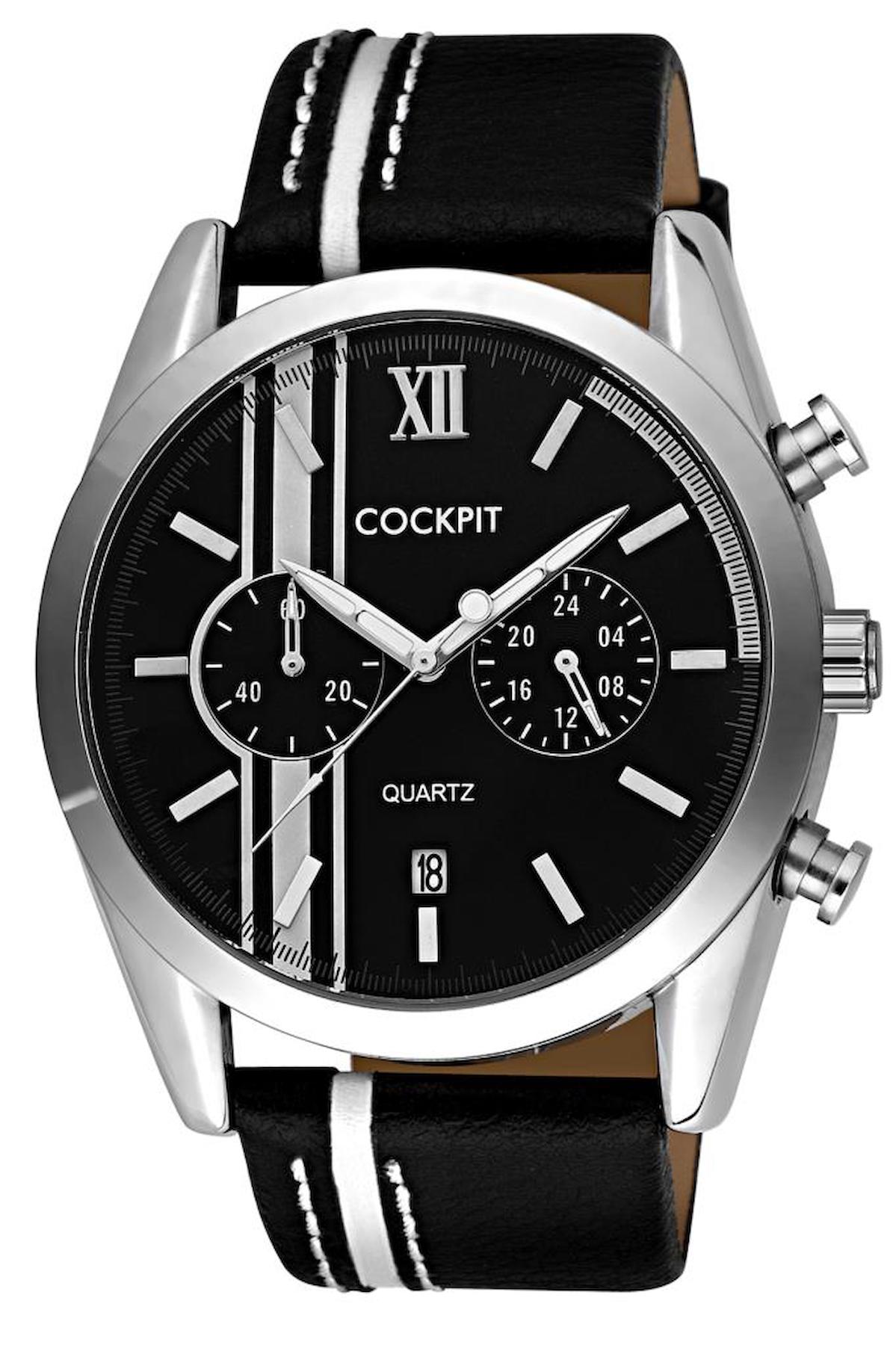 Cockpit CK-9148BK Takvimli 44 mm Beyaz-Siyah Deri Kordon Analog Erkek Kol Saati