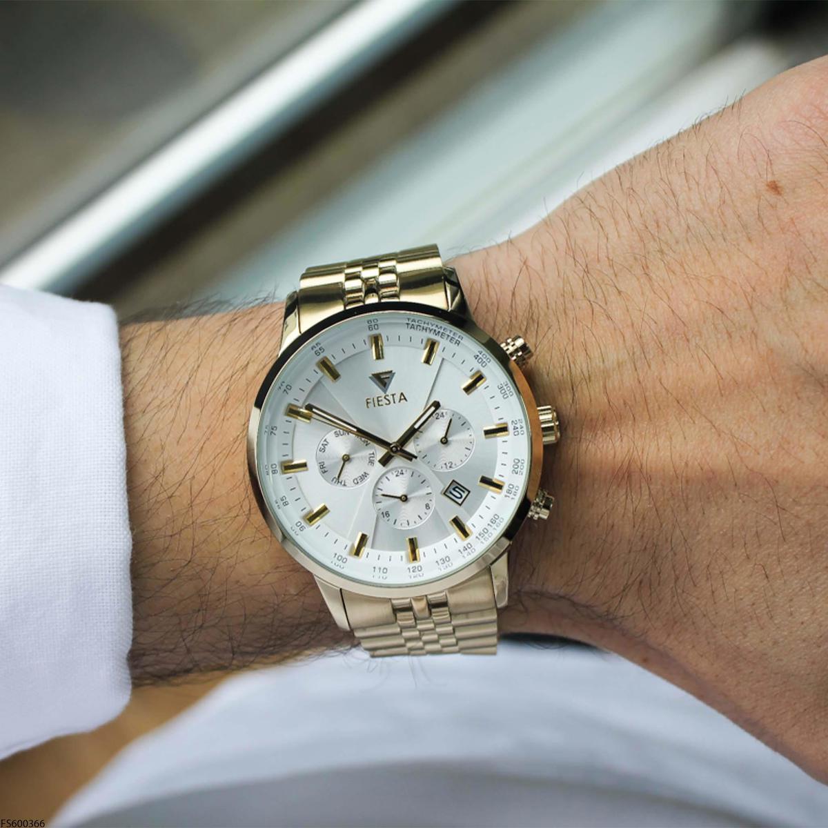 Fiesta FS600366 Takvimli 45 mm Altın Çelik Kordon Analog Erkek Kol Saati