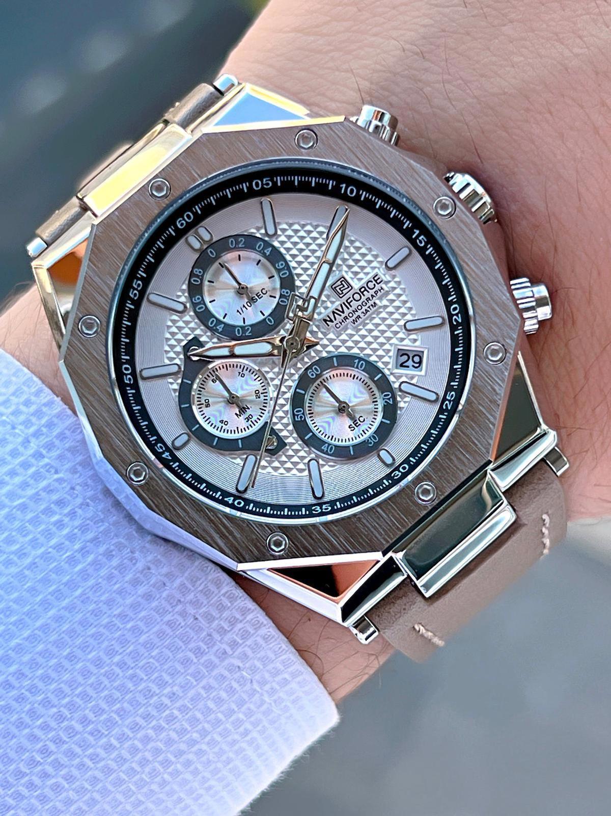 Naviforce ENF8028B Takvimli Kahverengi Deri Kordon Analog Erkek Kol Saati