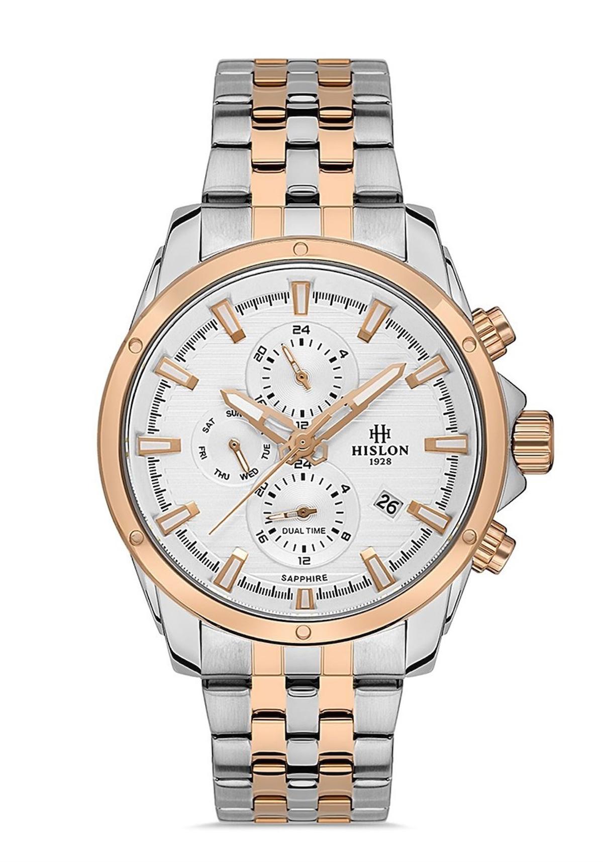 Hislon DT132T-02SR Pusulalı Takvimli Gri-Rose Gold Çelik Kordon Analog Erkek Kol Saati