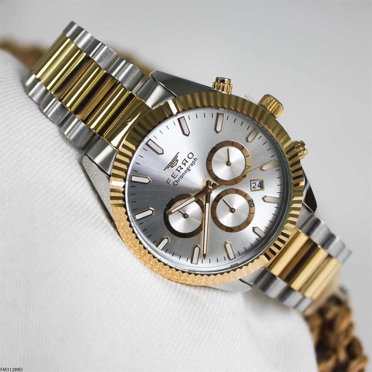 Ferro FM31289D Takvimli 43 mm Altın-Çelik Kordon Analog Erkek Kol Saati
