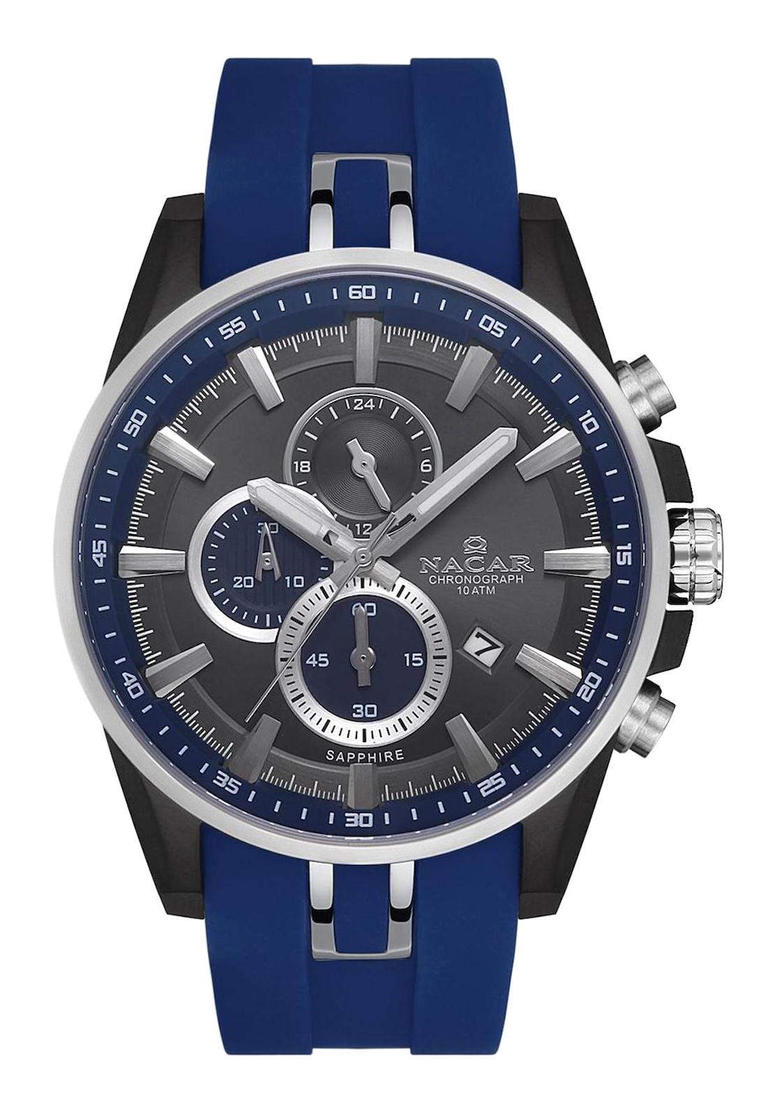 Nacar 38296338BBSS3 Takvimli 44 mm Mavi Çelik Kordon Analog Kol Saati
