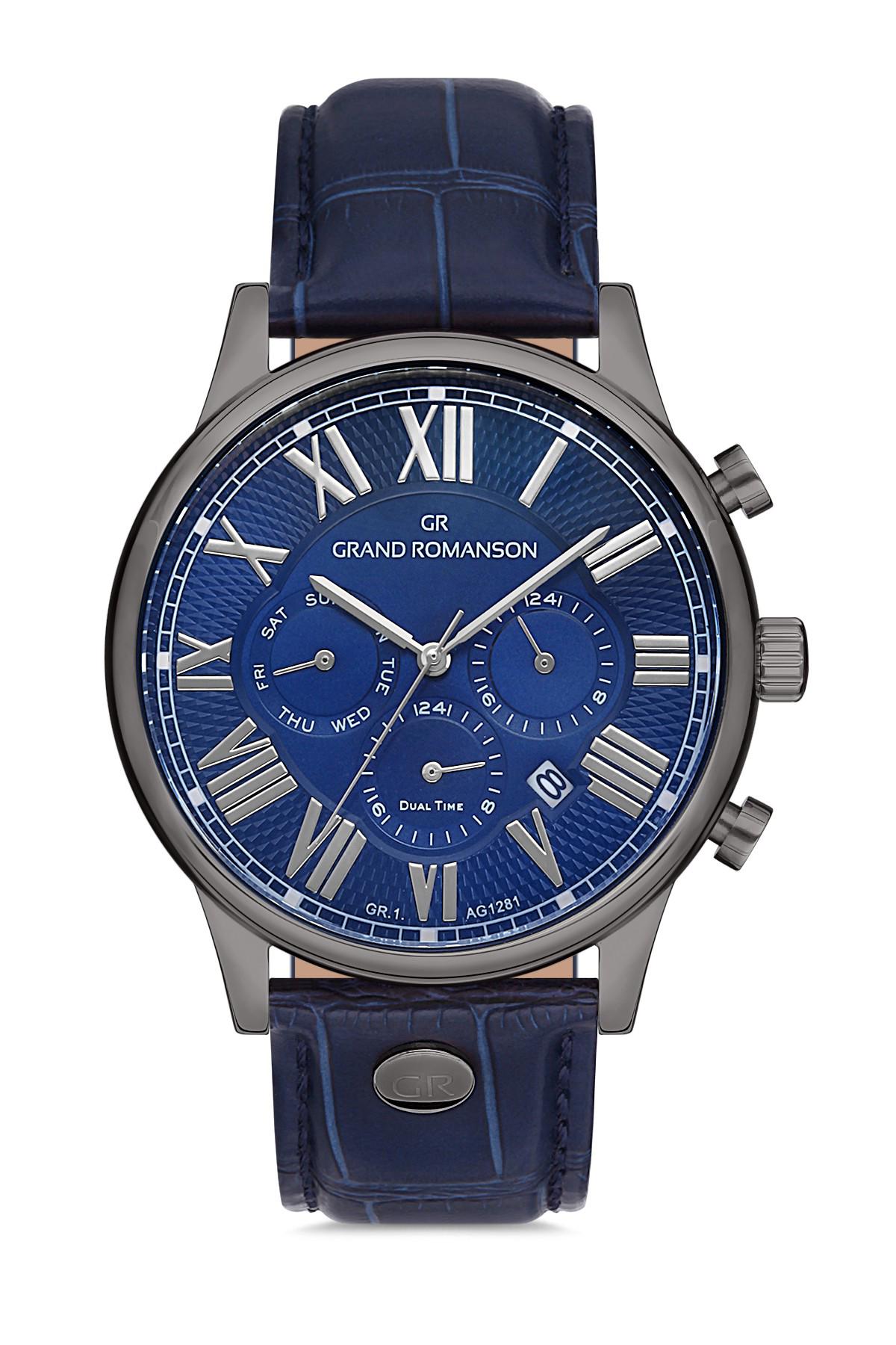 Grand Romanson GR.1.AG1281.08 Takvimli 44 mm Lacivert Deri Kordon Analog Erkek Kol Saati
