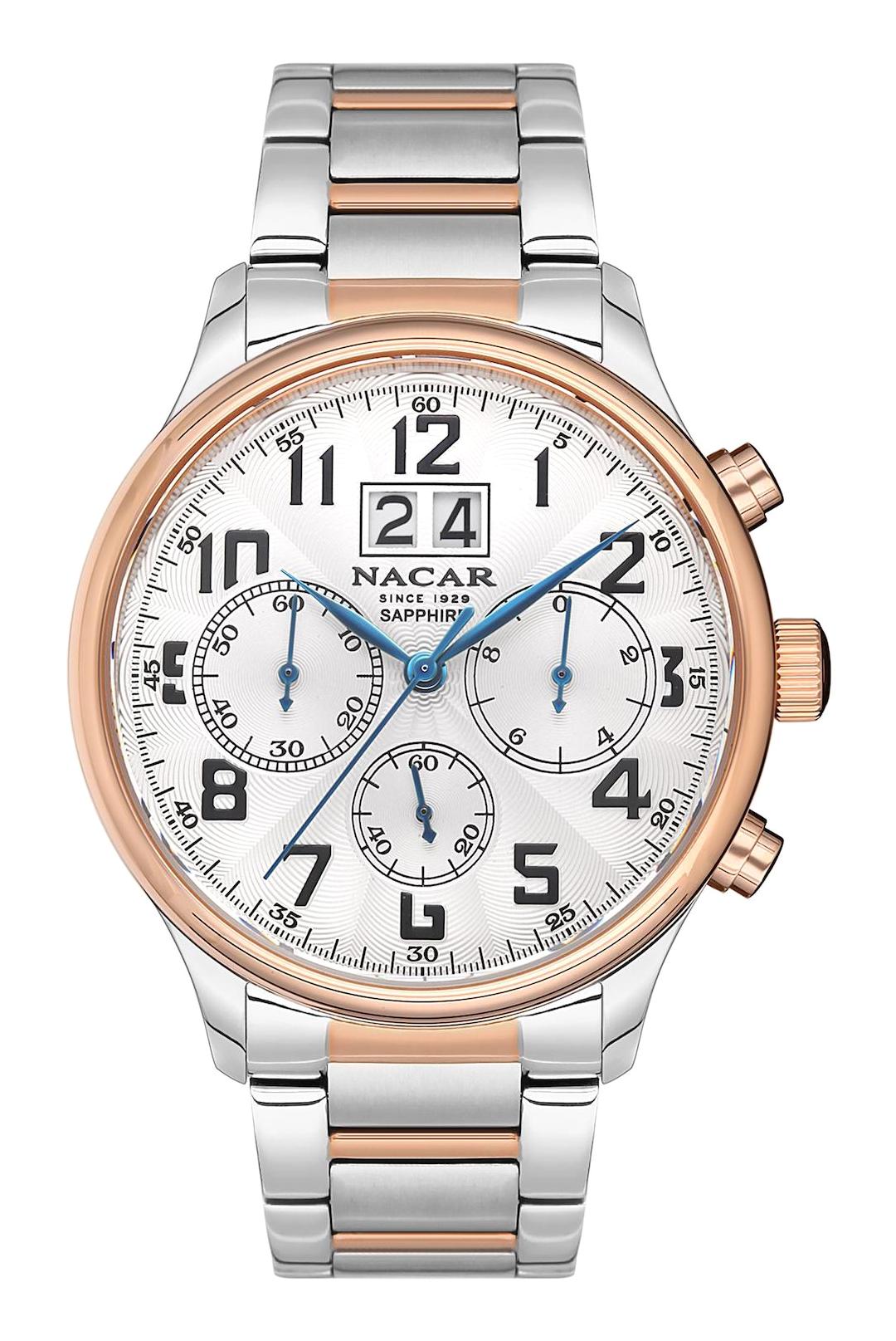 Nacar 3429B433ESM Takvimli 44 mm Gri-Rose Gold Çelik Kordon Analog Kol Saati