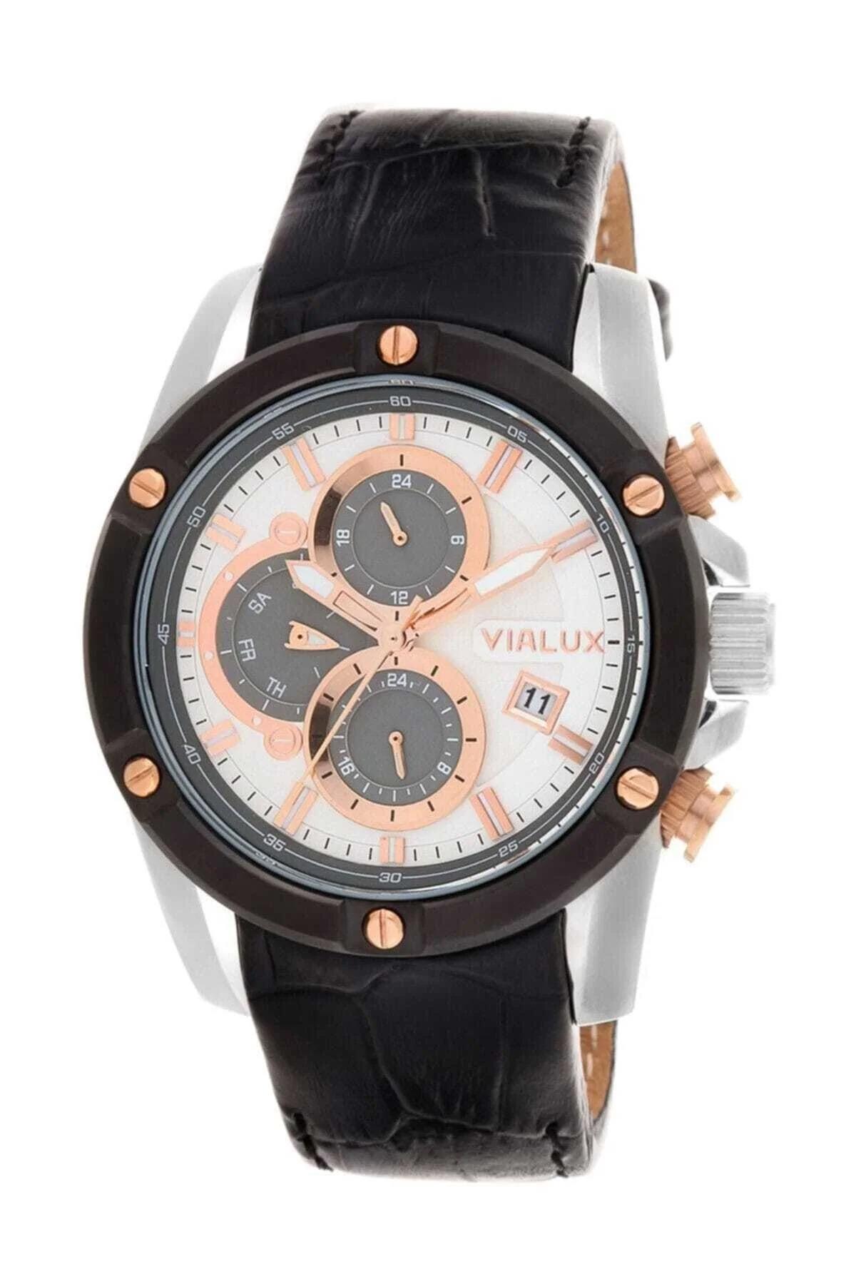 Vialux XX450T-02BR Takvimli 46 mm Siyah Deri Kordon Analog Erkek Kol Saati