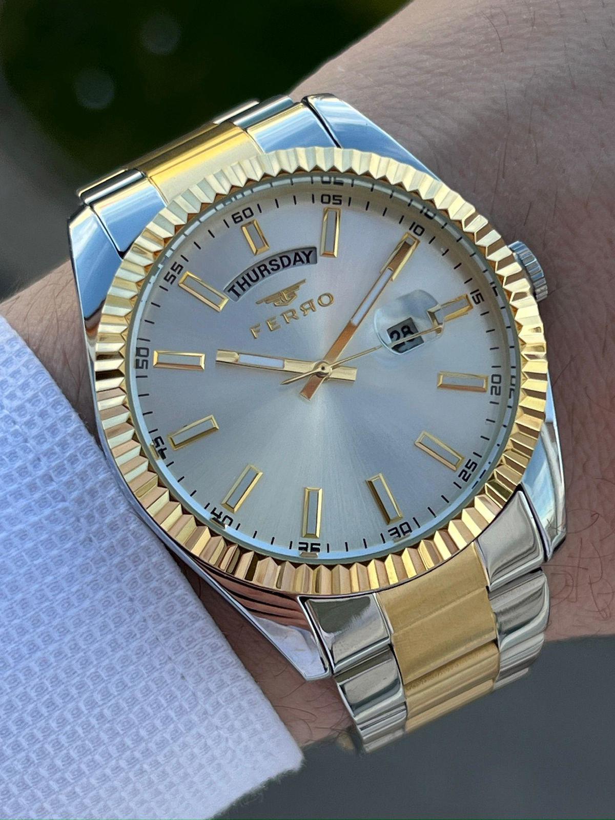 Ferro EFM11211-D Su Geçirmez Takvimli 44 mm Altın-Çelik Kordon Analog Erkek Kol Saati