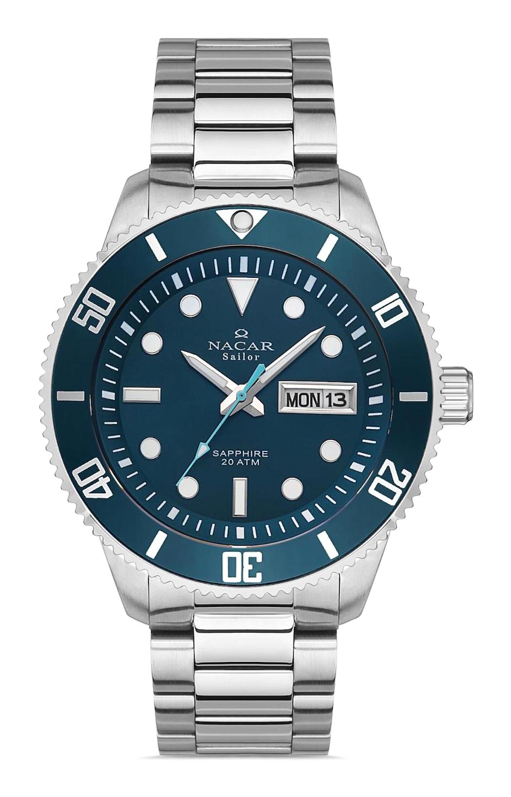 Nacar 37294235ALM Takvimli 44 mm Çelik Kordon Analog Kol Saati