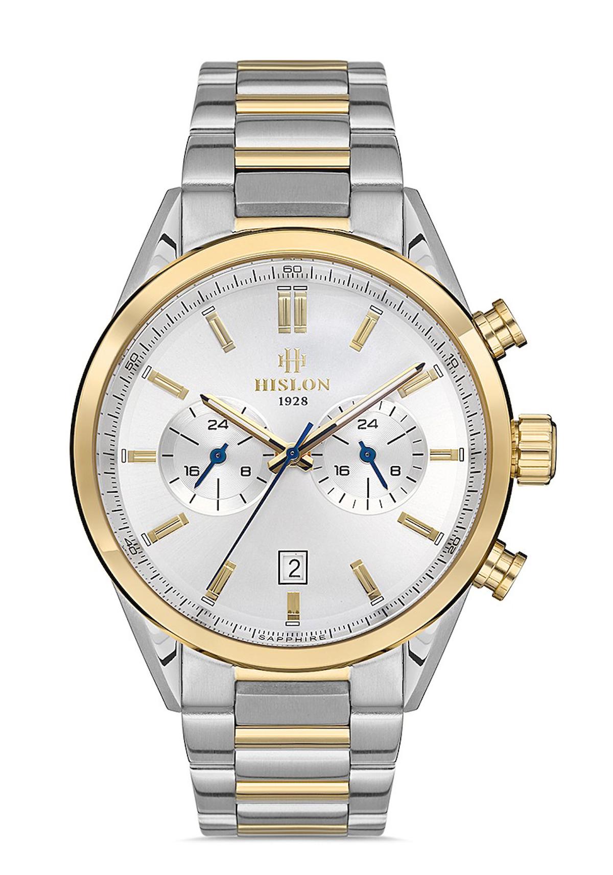 Hislon DT114T-02SG Takvimli 45 mm Altın-Çelik Kordon Analog Erkek Kol Saati