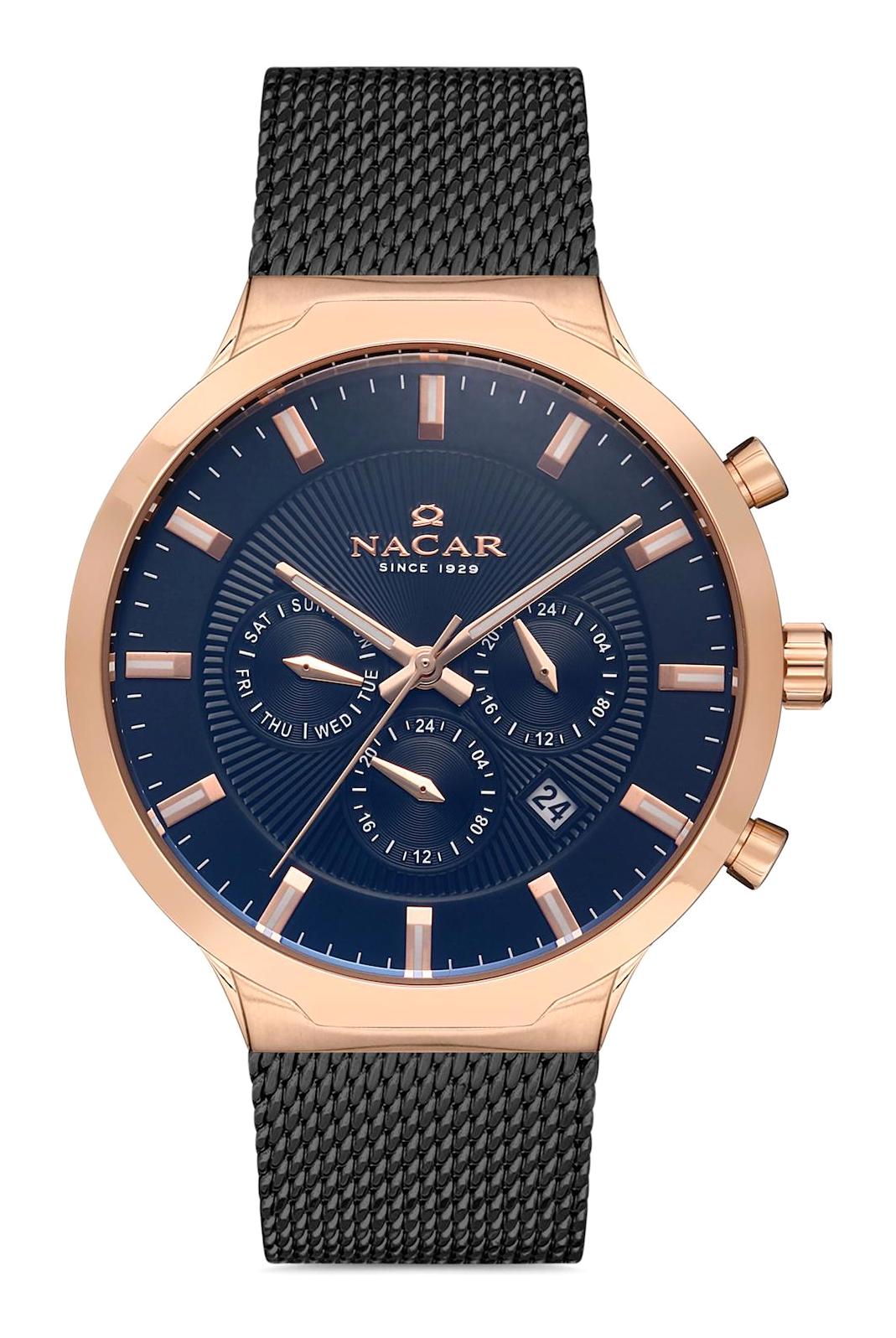 Nacar 34290507RBM Takvimli 44 mm Siyah Çelik Kordon Analog Kol Saati