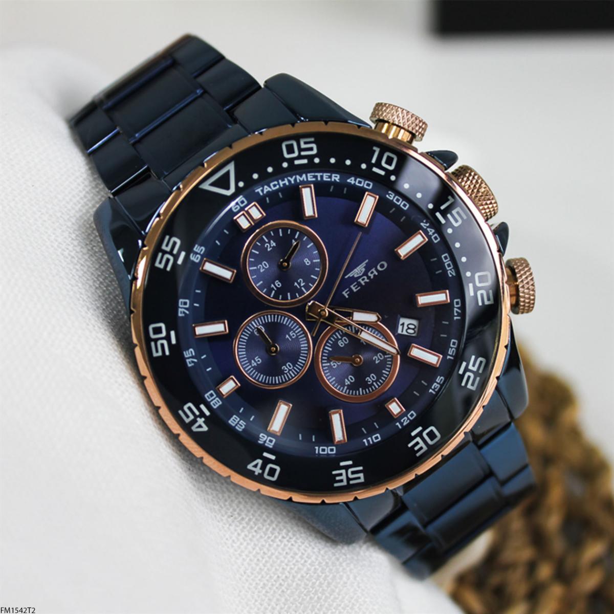 Ferro FM1542T2 Takvimli 45 mm Lacivert Metal Kordon Analog Erkek Kol Saati