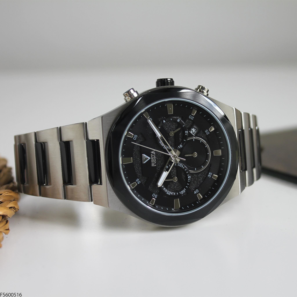 Fiesta FS600516 Takvimli 45 mm Gri-Siyah Çelik Kordon Analog Erkek Kol Saati