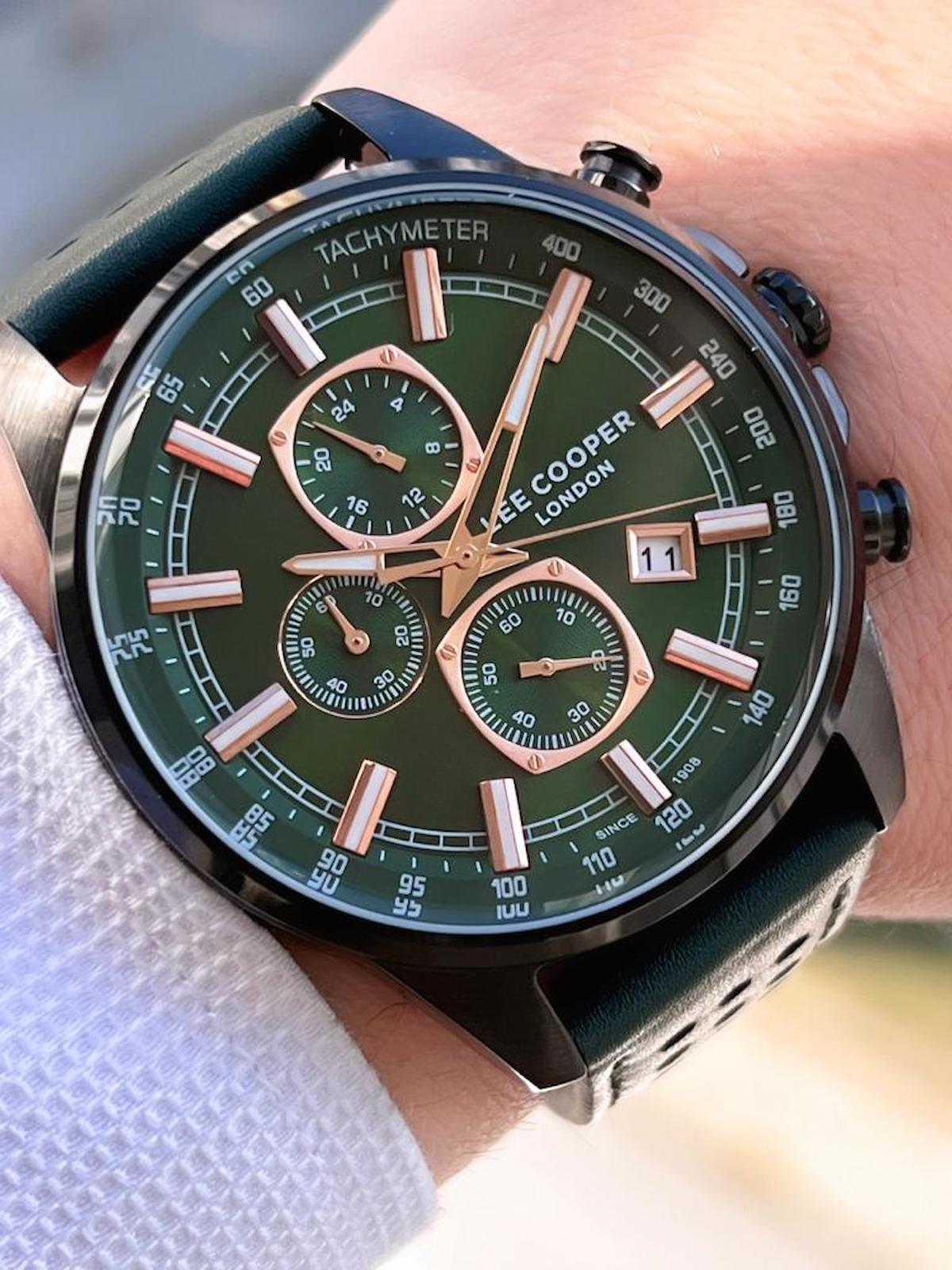Lee Cooper LC07647.677 Takvimli 44-46 mm Rose Gold-Yeşil Deri Kordon Analog Erkek Kol Saati