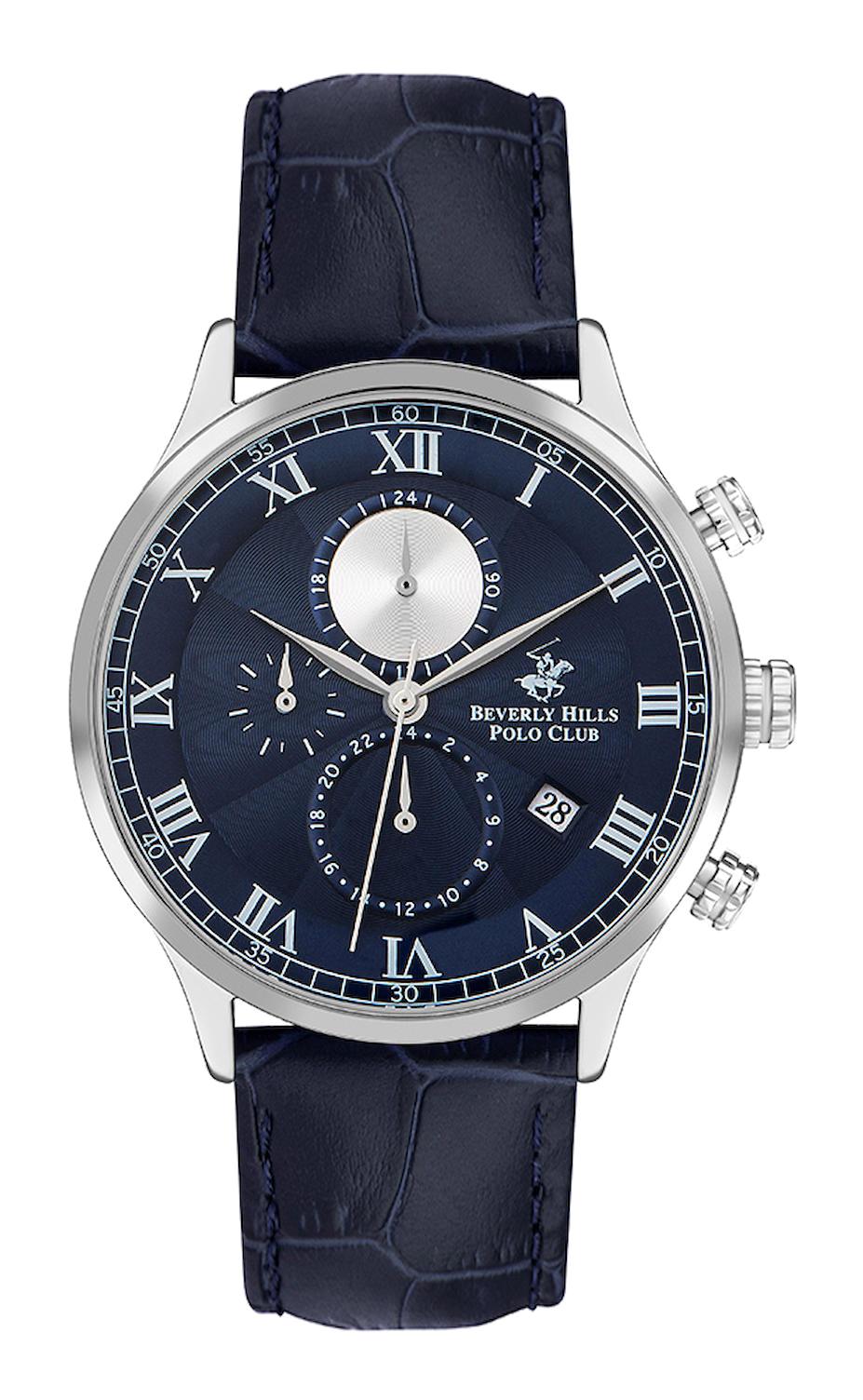 Beverly Hills Polo Club BP3371X399 Takvimli 44 mm Lacivert Deri Kordon Analog Erkek Kol Saati