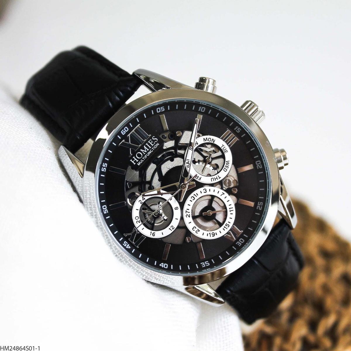 Homies HM24864S01-1 Pusulalı Takvimli 44 mm Siyah Deri Kordon Analog Erkek Kol Saati