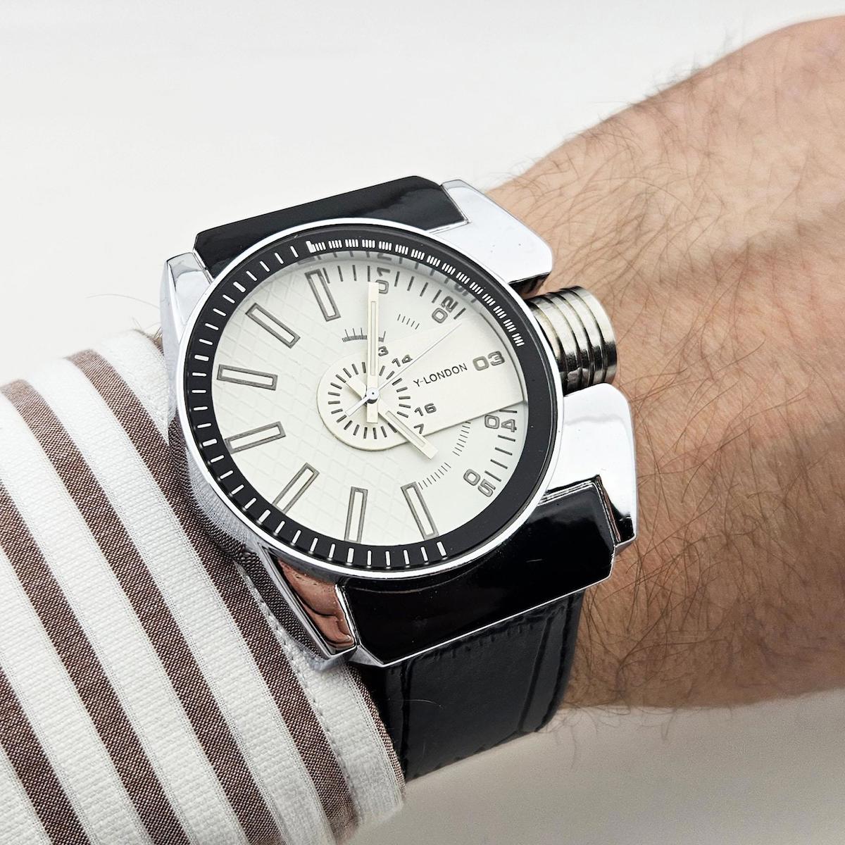 Pigado Y-LONDON Su Geçirmez 45 mm Siyah Suni Deri Kordon Analog Erkek Kol Saati
