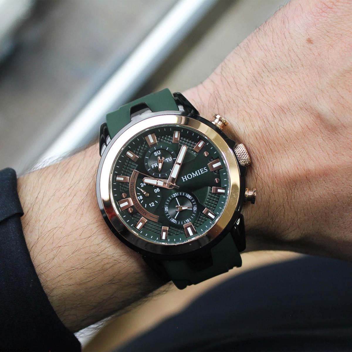 Homies HM24063S01-5 Pusulalı Takvimli Yeşil Silikon Kordon Analog Erkek Kol Saati