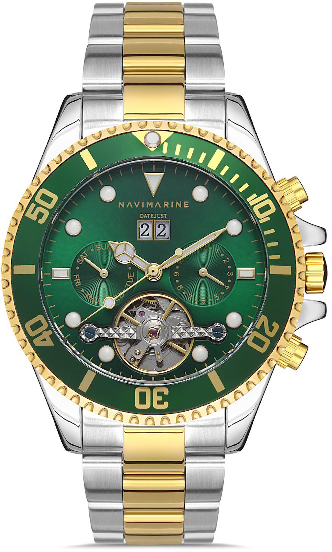Navimarine NM038-06 Takvimli 45 mm Altın-Çelik Kordon Analog Kol Saati