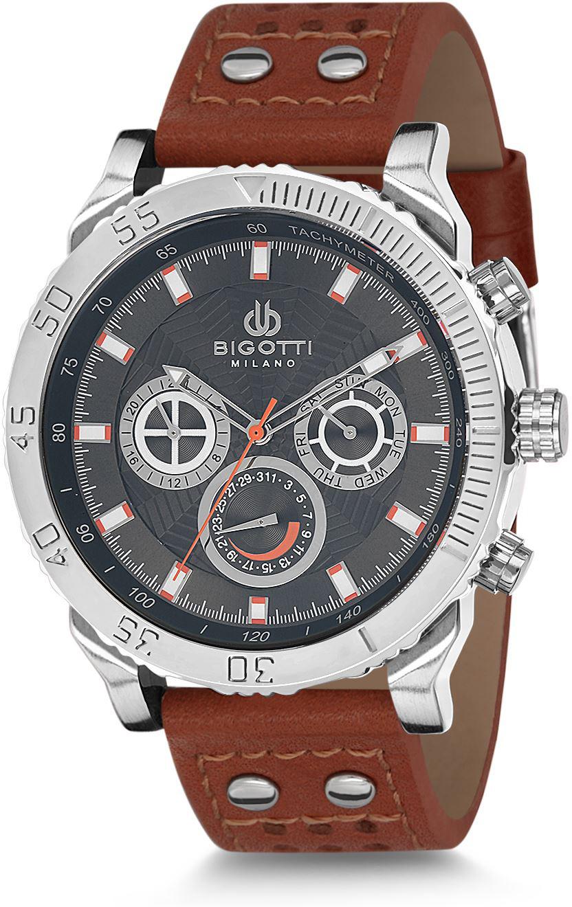 Bigotti BGT010094M-01 Takvimli 48 mm Kahverengi Deri Kordon Analog Erkek Kol Saati