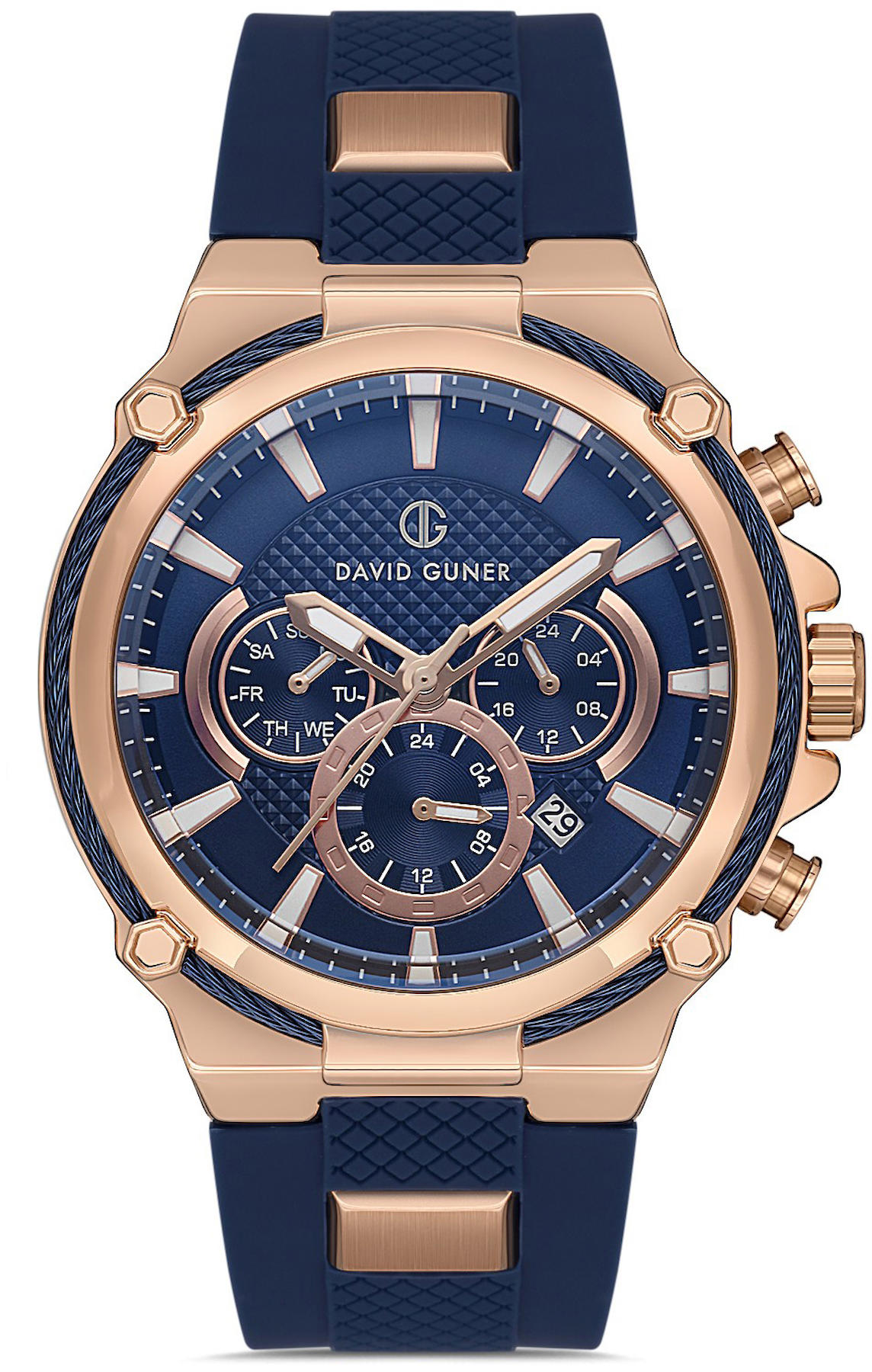 David Guner DG-8270GD-T3 Takvimli 42 mm Lacivert Silikon Kordon Analog Kol Saati