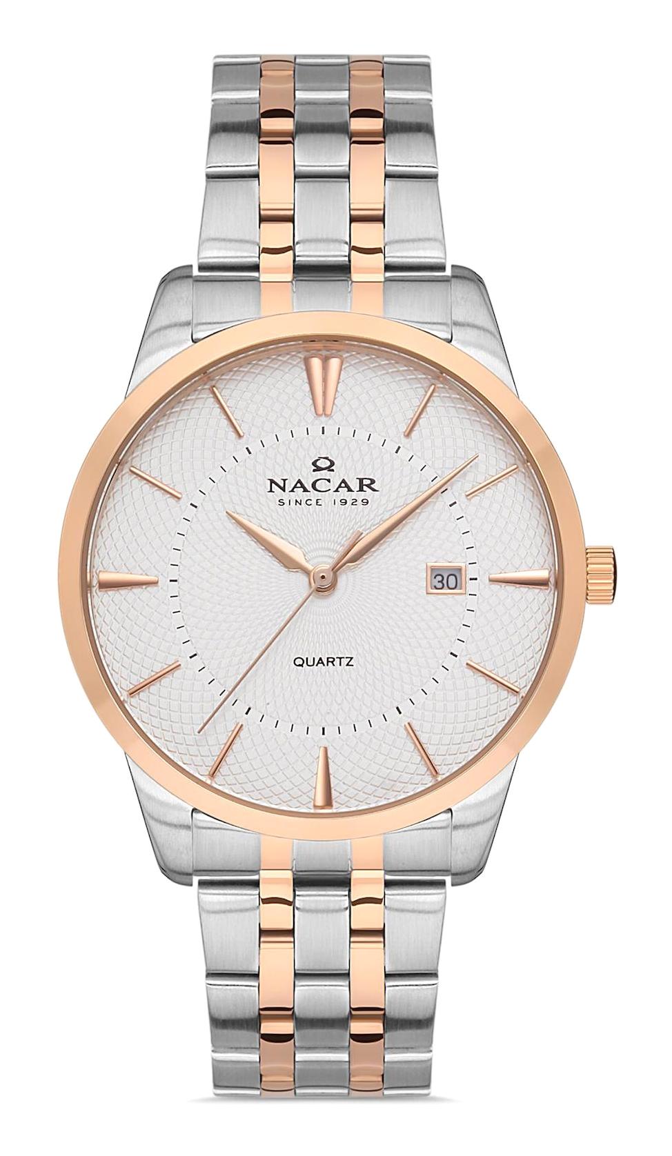 Nacar 35290009EWM Takvimli 44 mm Gri-Rose Gold Çelik Kordon Analog Kol Saati