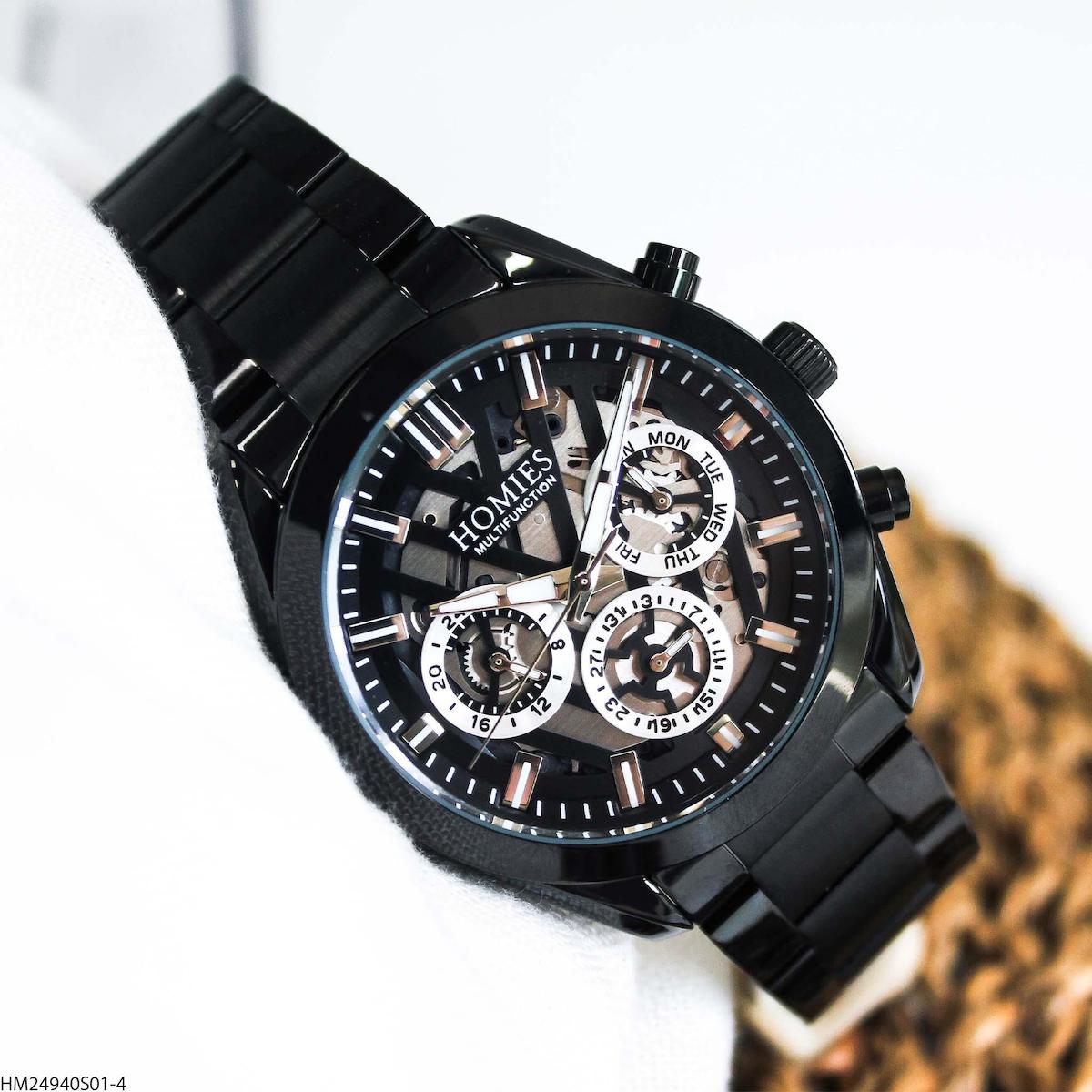 Homies HM24940S01-4 Pusulalı Takvimli 45 mm Siyah Çelik Kordon Analog Erkek Kol Saati