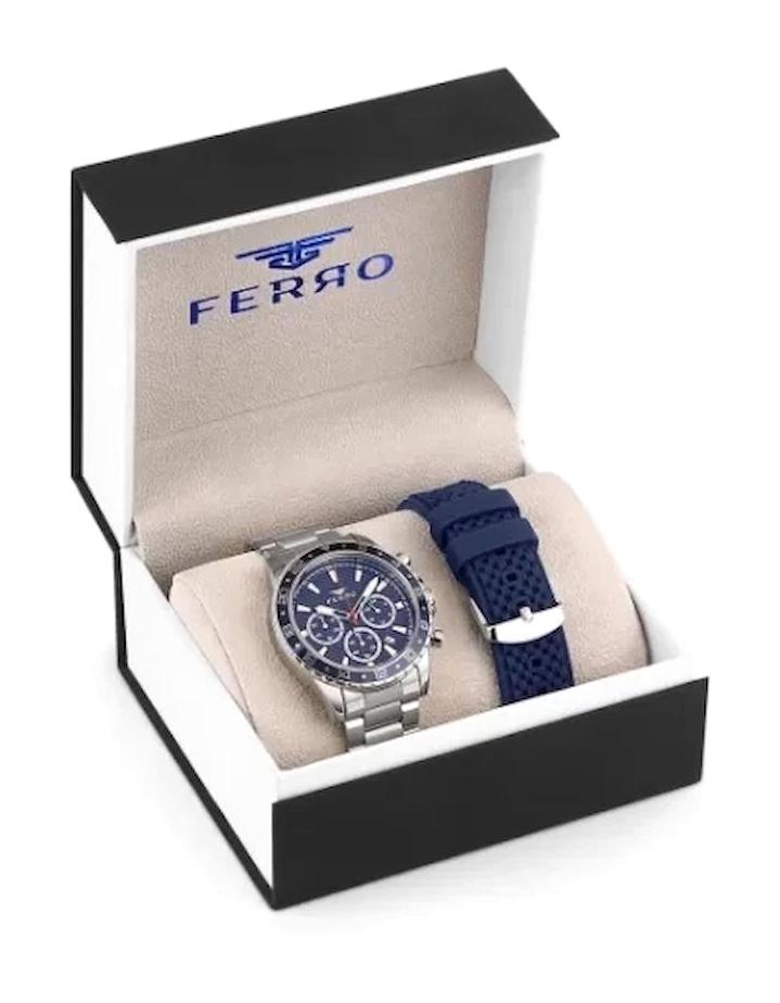 Ferro TH-FM31921DA-D3 Takvimli 44 mm Gri-Lacivert Çelik - Silikon Kordon Analog Erkek Kol Saati