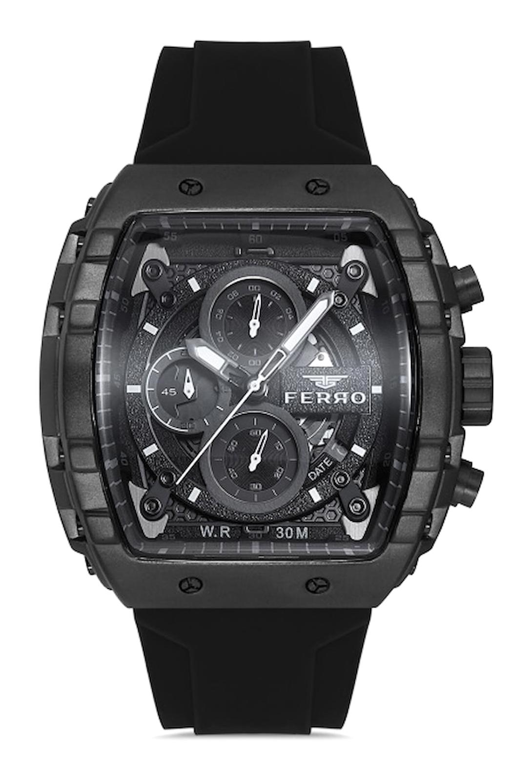 Ferro FM11001D-G Takvimli Siyah Silikon Kordon Analog Erkek Kol Saati