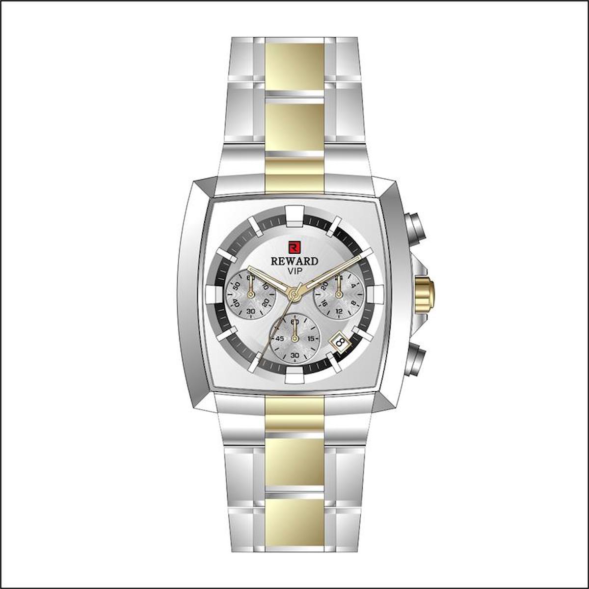 Reward A143047 Takvimli 42 mm Gri-Sarı Metal Kordon Analog Erkek Kol Saati