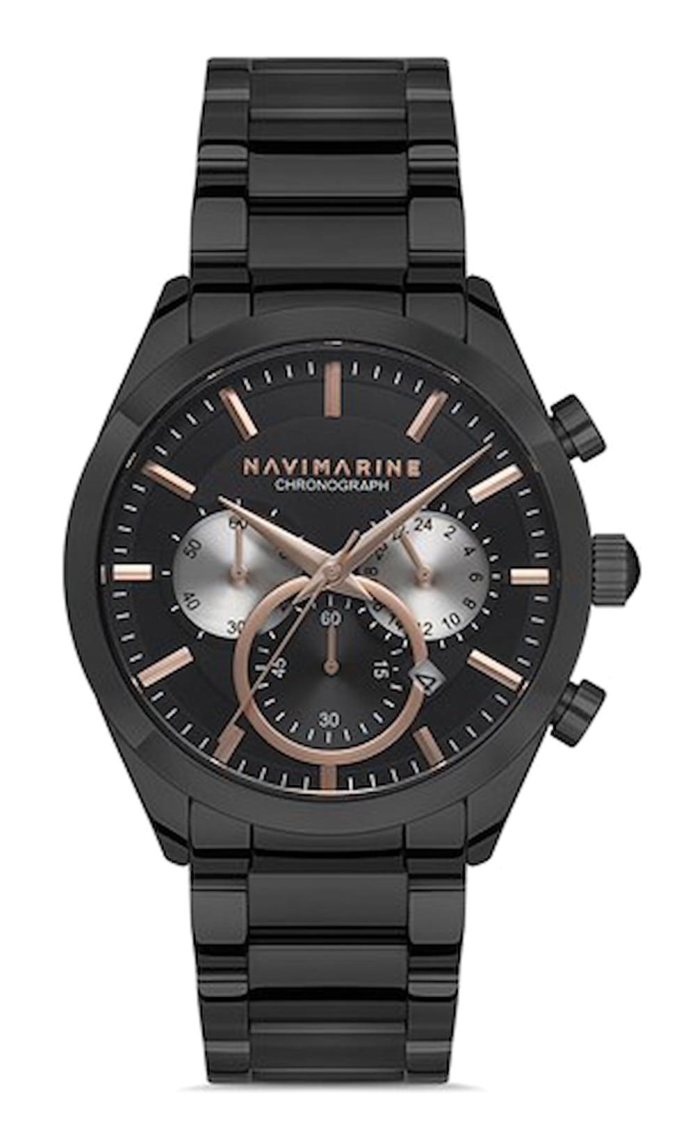 Navimarine NT0009-05 Takvimli 44 mm Siyah Çelik Kordon Analog Kol Saati