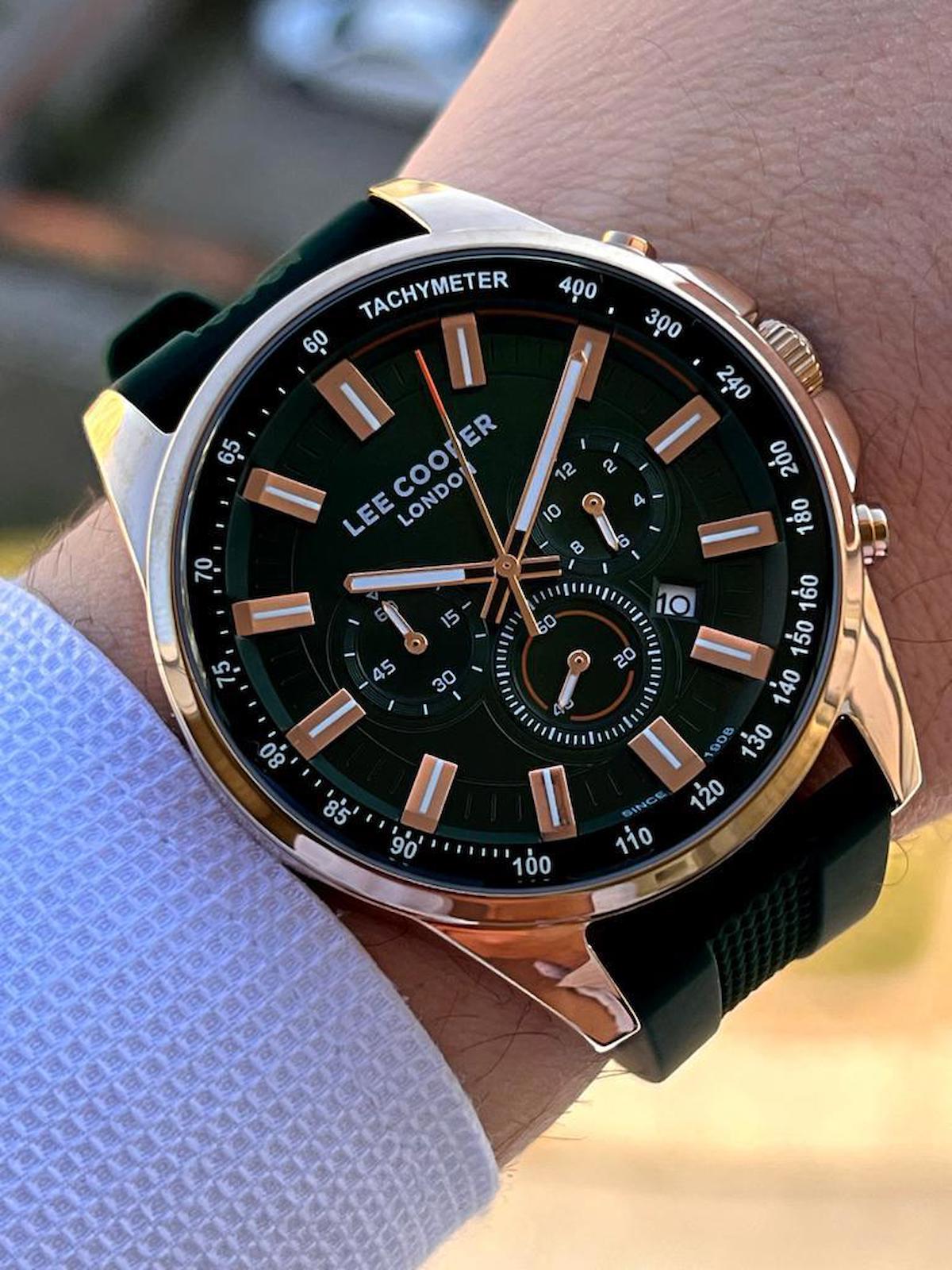 Lee Cooper ELC07635.477-NM Takvimli 44 mm Yeşil Silikon Kordon Analog Erkek Kol Saati