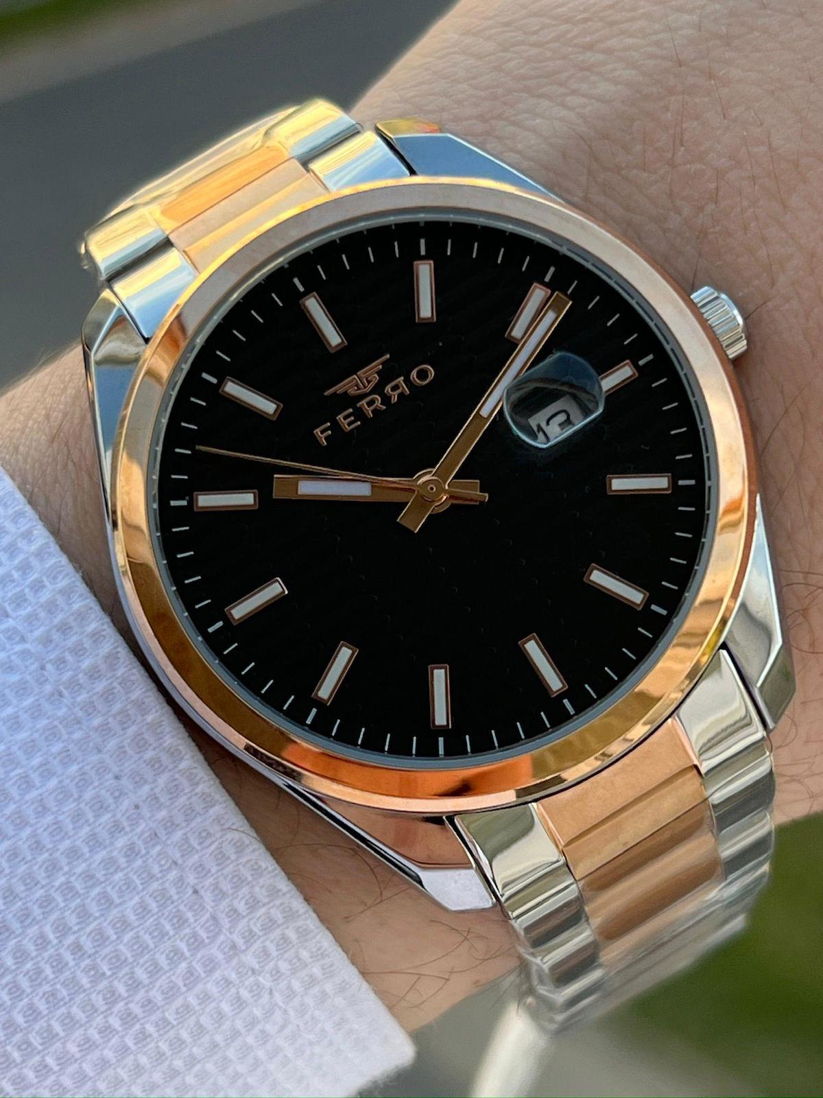 Ferro EFM11227-E2 Su Geçirmez Takvimli 44 mm Gri-Rose Gold Çelik Kordon Analog Erkek Kol Saati