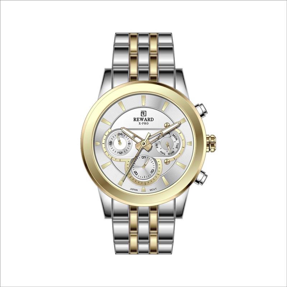 Reward A142543 Takvimli 44 mm Gri-Sarı Metal Kordon Analog Erkek Kol Saati