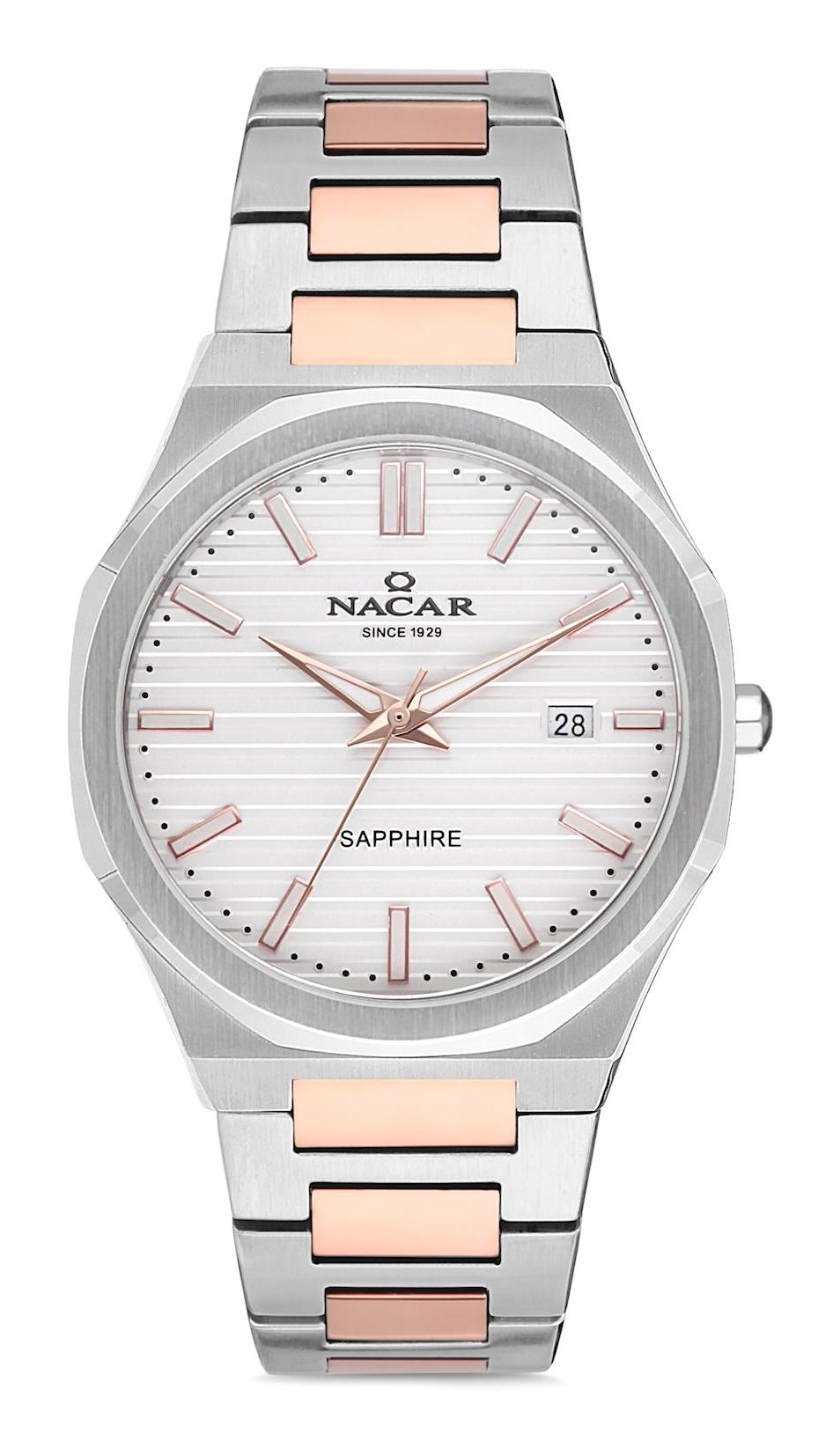 Nacar 34290356ESM Takvimli 44 mm Gri-Rose Gold Çelik Kordon Analog Kol Saati