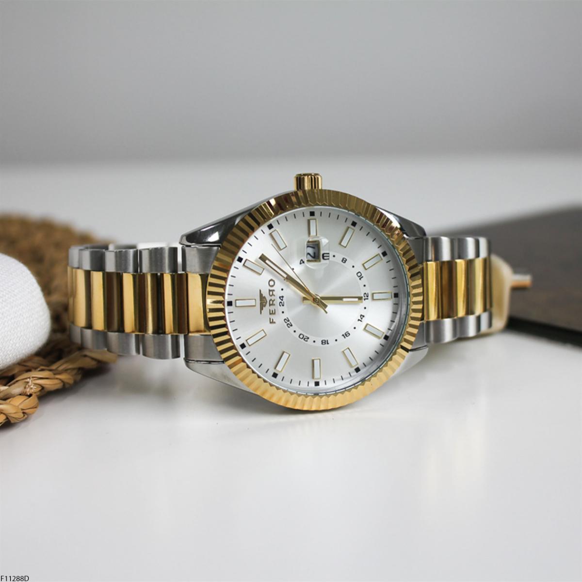 Ferro F11288D Takvimli 43 mm Altın-Çelik Kordon Analog Erkek Kol Saati