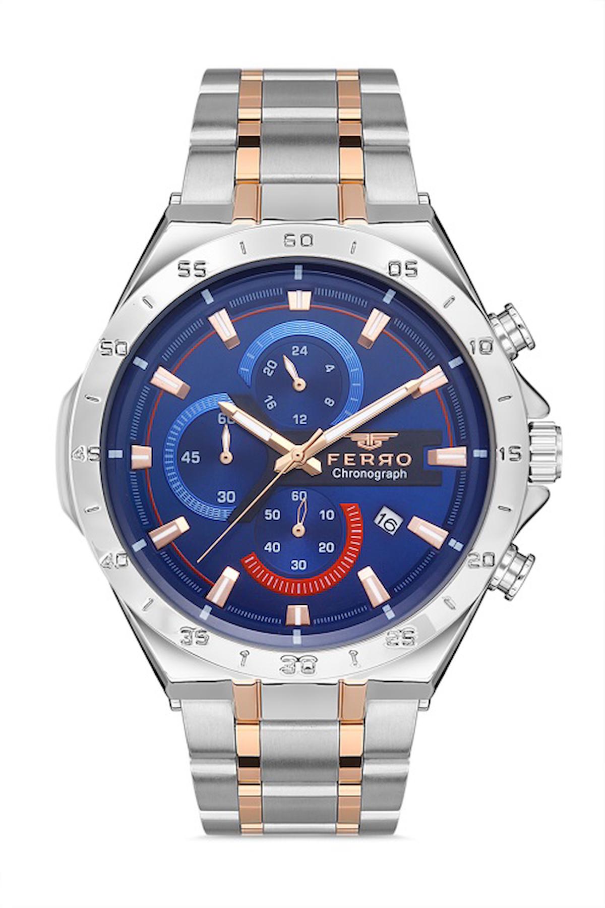 Ferro FM31305A-E3 Takvimli 45 mm Gri-Rose Gold Metal Kordon Analog Erkek Kol Saati