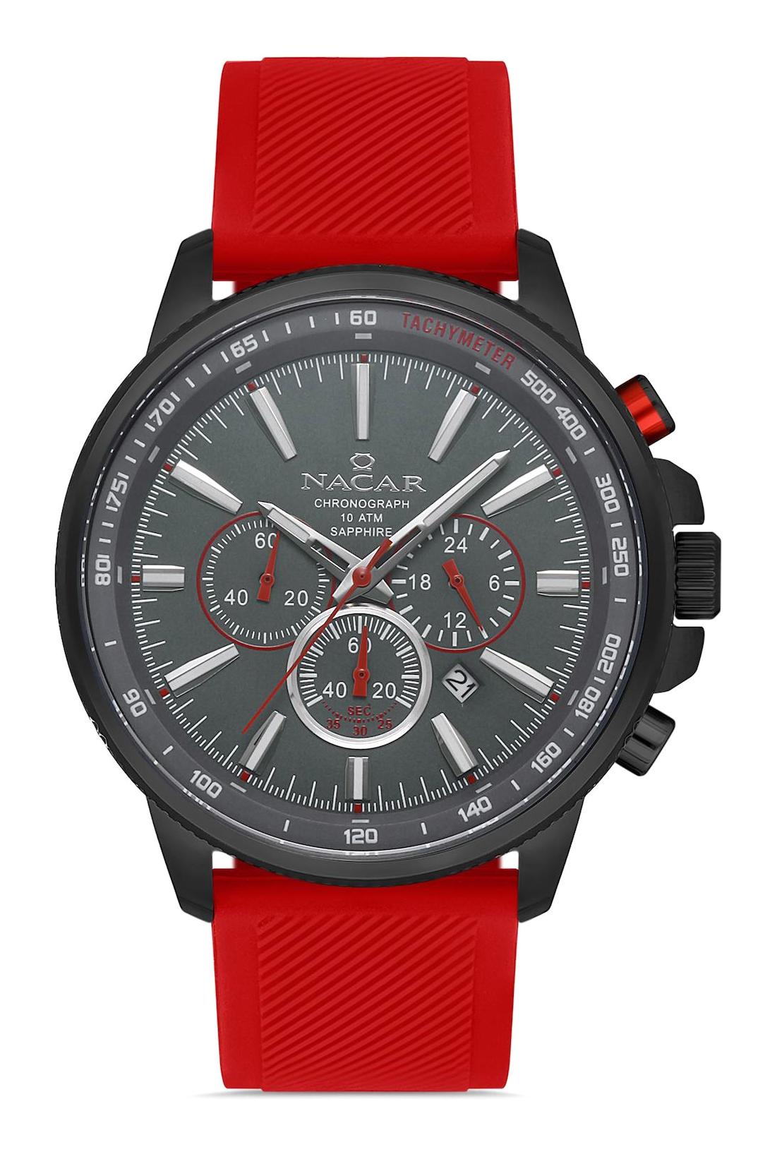 Nacar 34290748BGS4 Takvimli 44 mm Kırmızı Çelik Kordon Analog Kol Saati
