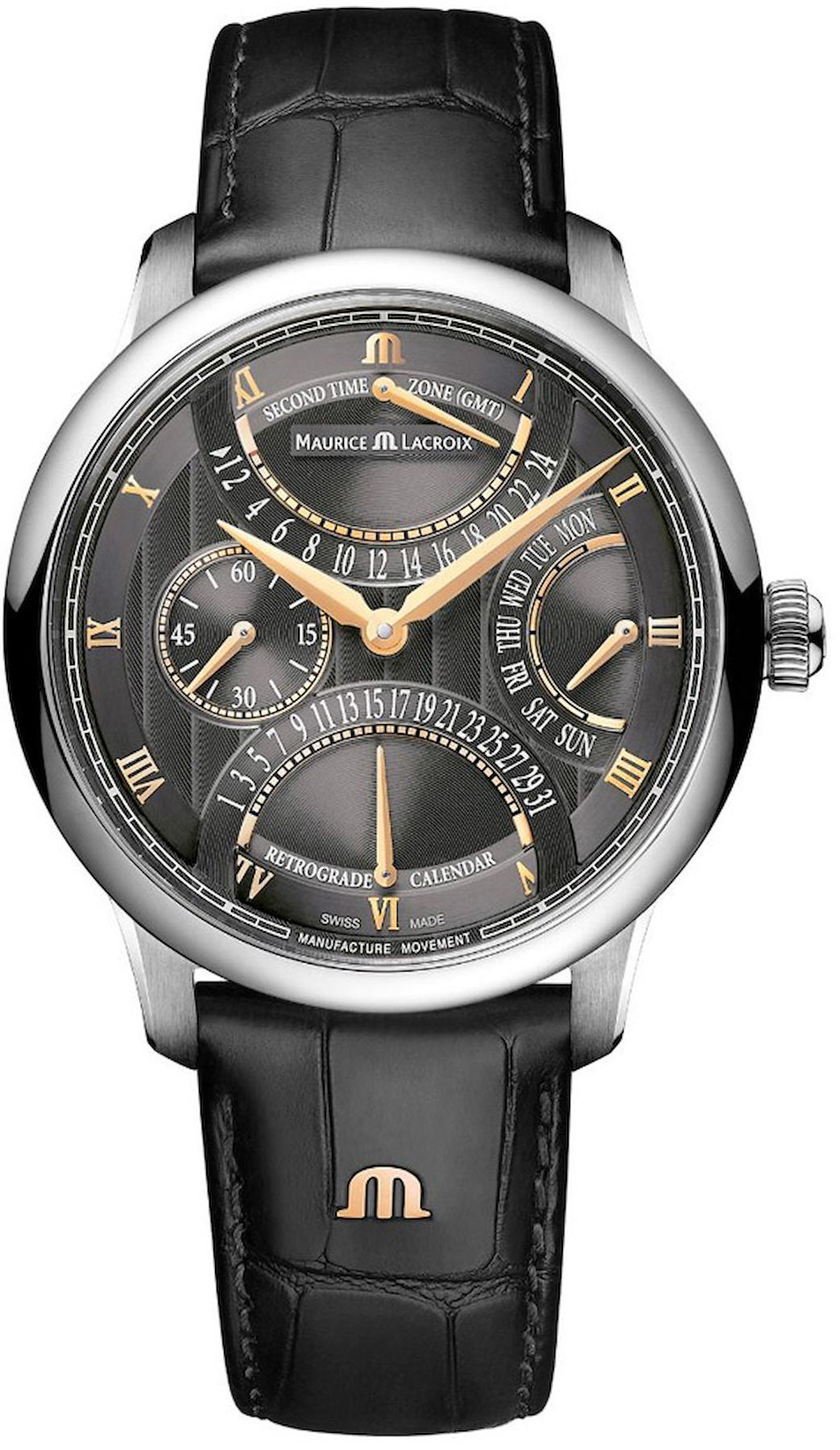 Maurice Lacroix MP6538-SS001-310-1 Takvimli 43 mm Siyah Deri Kordon Analog Kol Saati