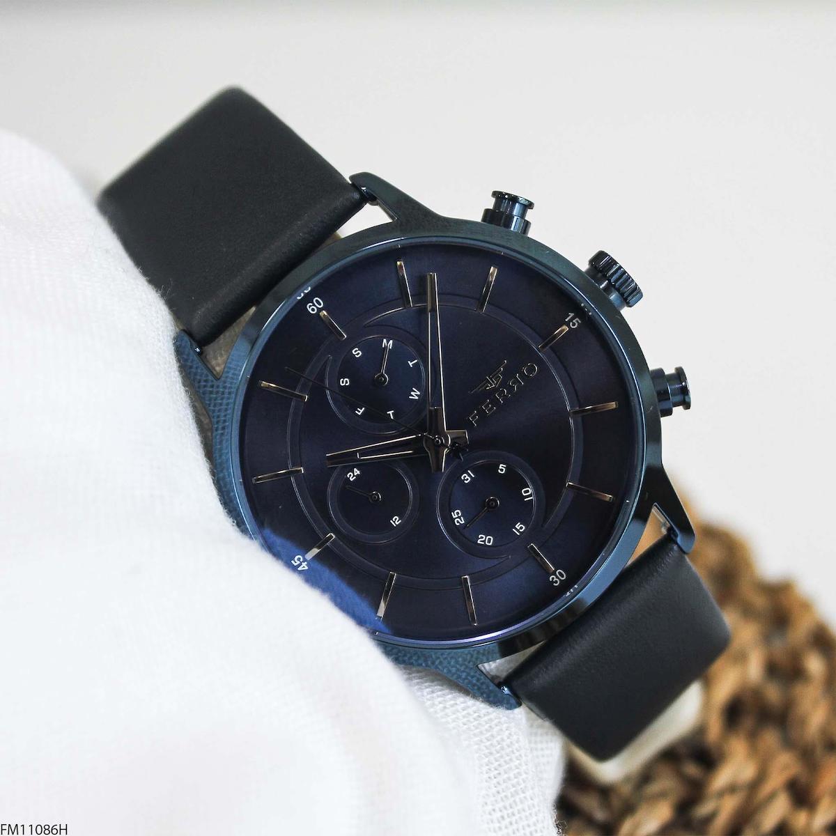 Ferro FM11086H Takvimli 45 mm Lacivert Deri Kordon Analog Erkek Kol Saati