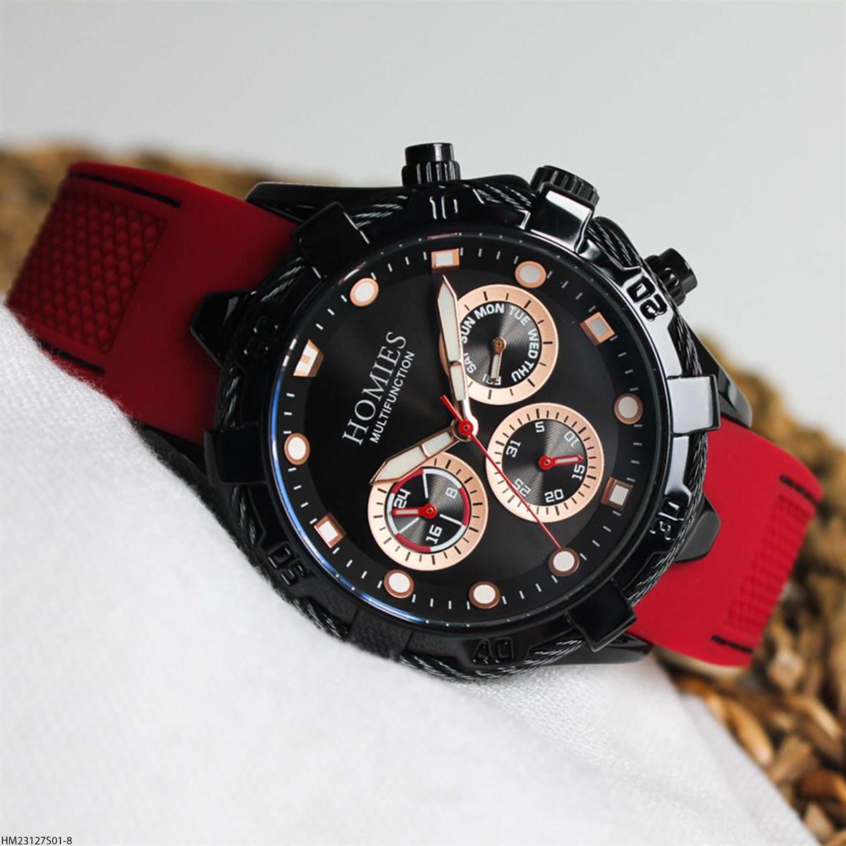 Homies HM23127S01-8 Pusulalı Takvimli 45 mm Kırmızı Silikon Kordon Analog Erkek Kol Saati