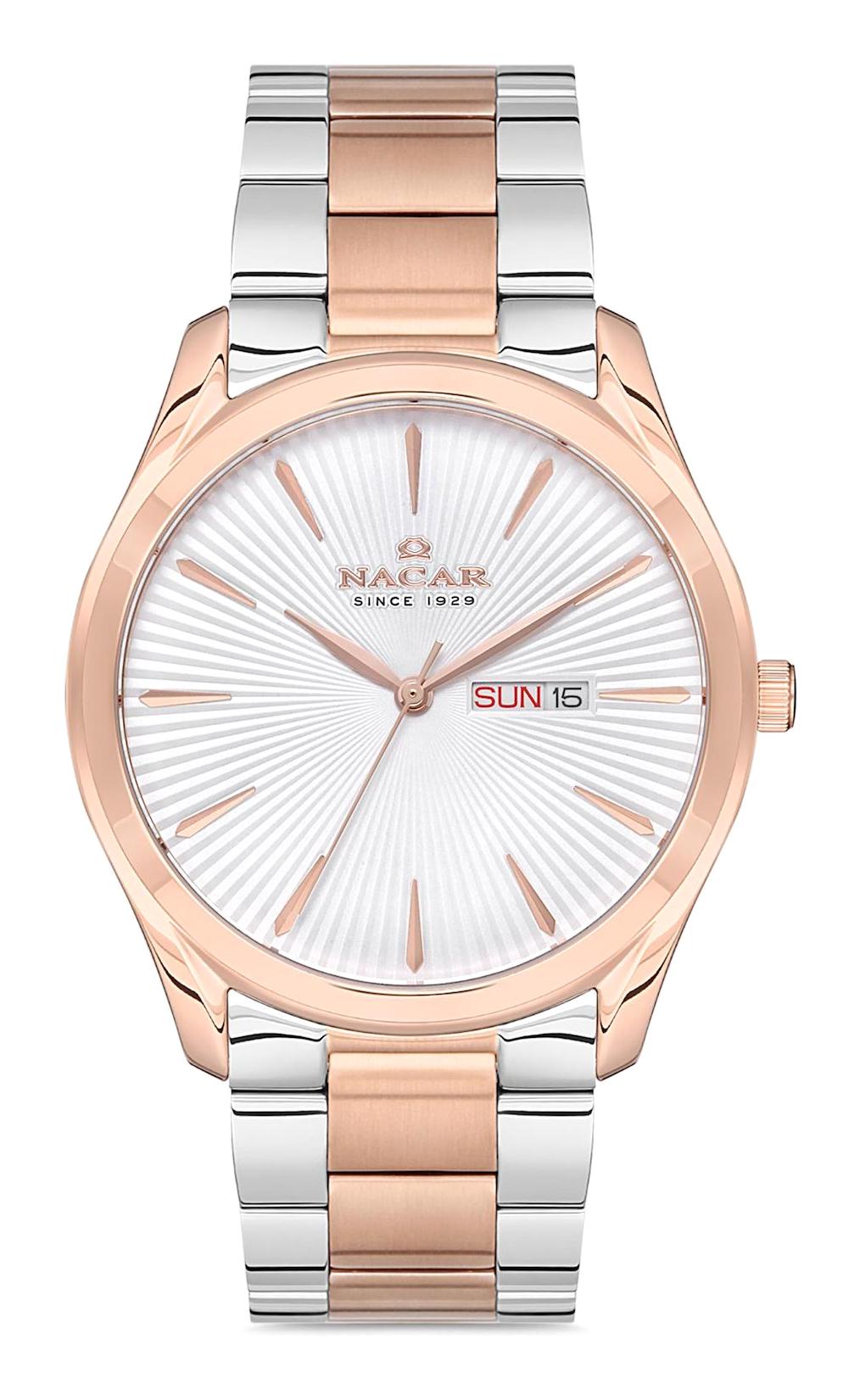 Nacar 33296892EWM Takvimli 44 mm Gri-Rose Gold Çelik Kordon Analog Kol Saati