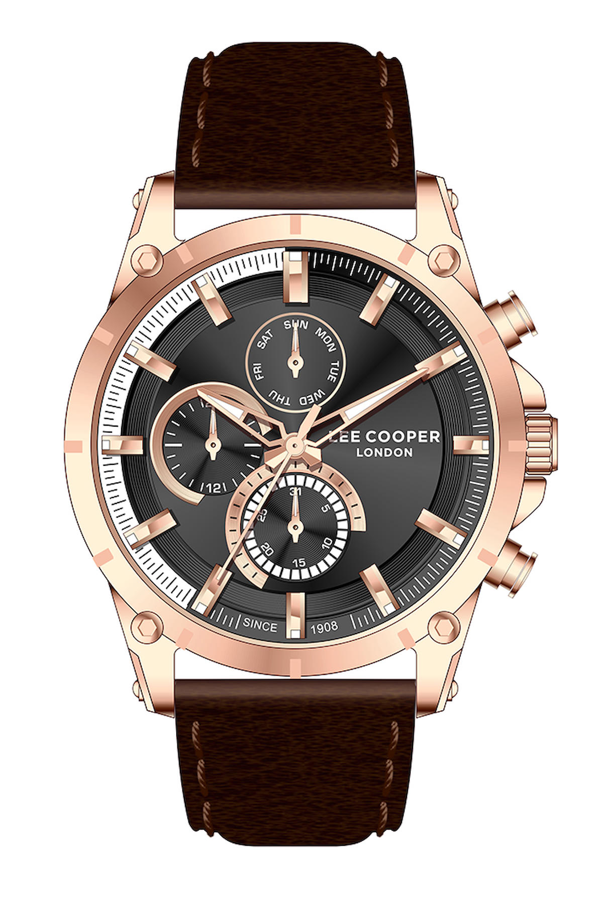 Lee Cooper LC07531.452-NM Takvimli 44 mm Siyah Deri Kordon Analog Kol Saati