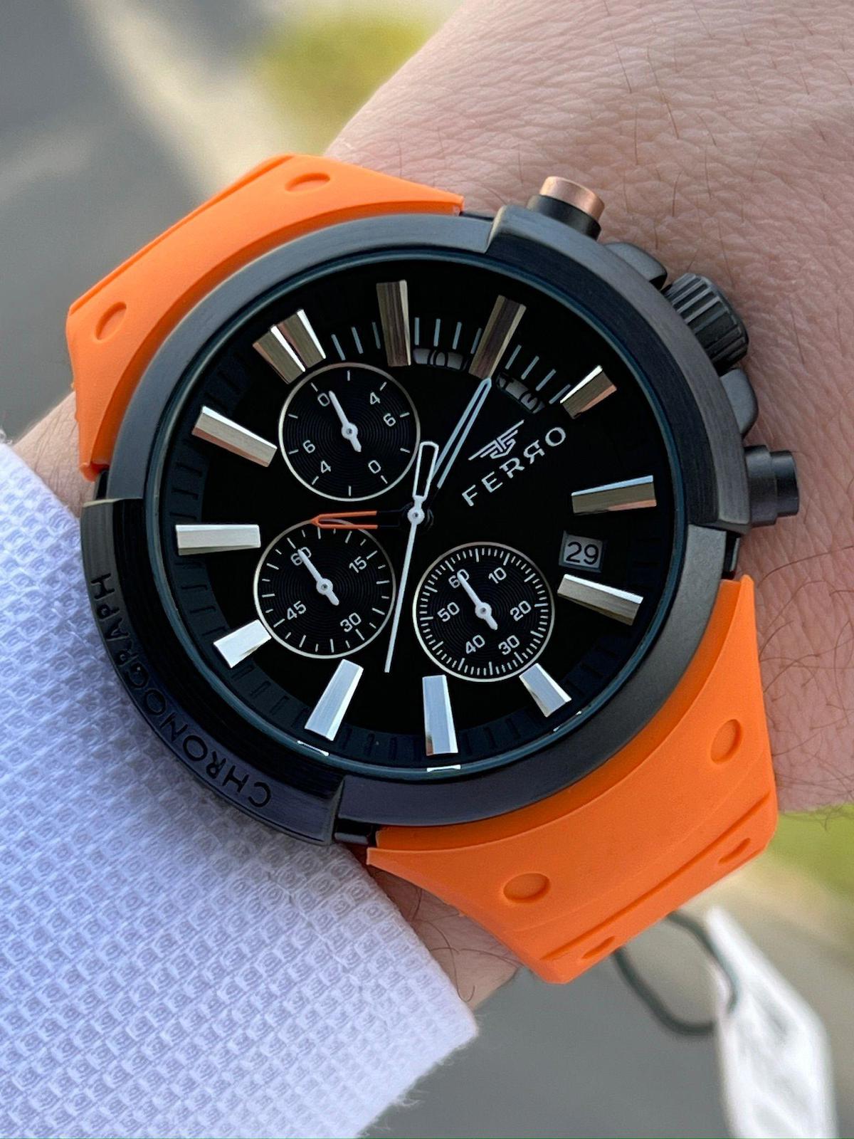 Ferro EF11002-ZL Su Geçirmez Takvimli 44 mm Turuncu Silikon Kordon Analog Erkek Kol Saati