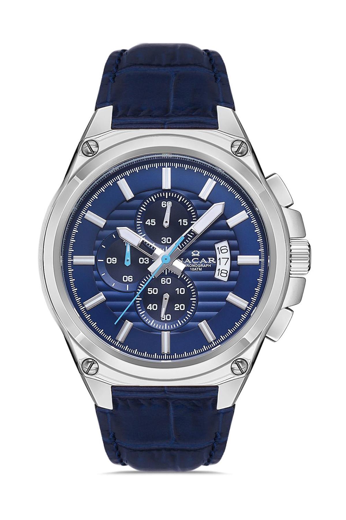 Nacar 29292525ALL3 Takvimli 44 mm Mavi Çelik Kordon Analog Kol Saati